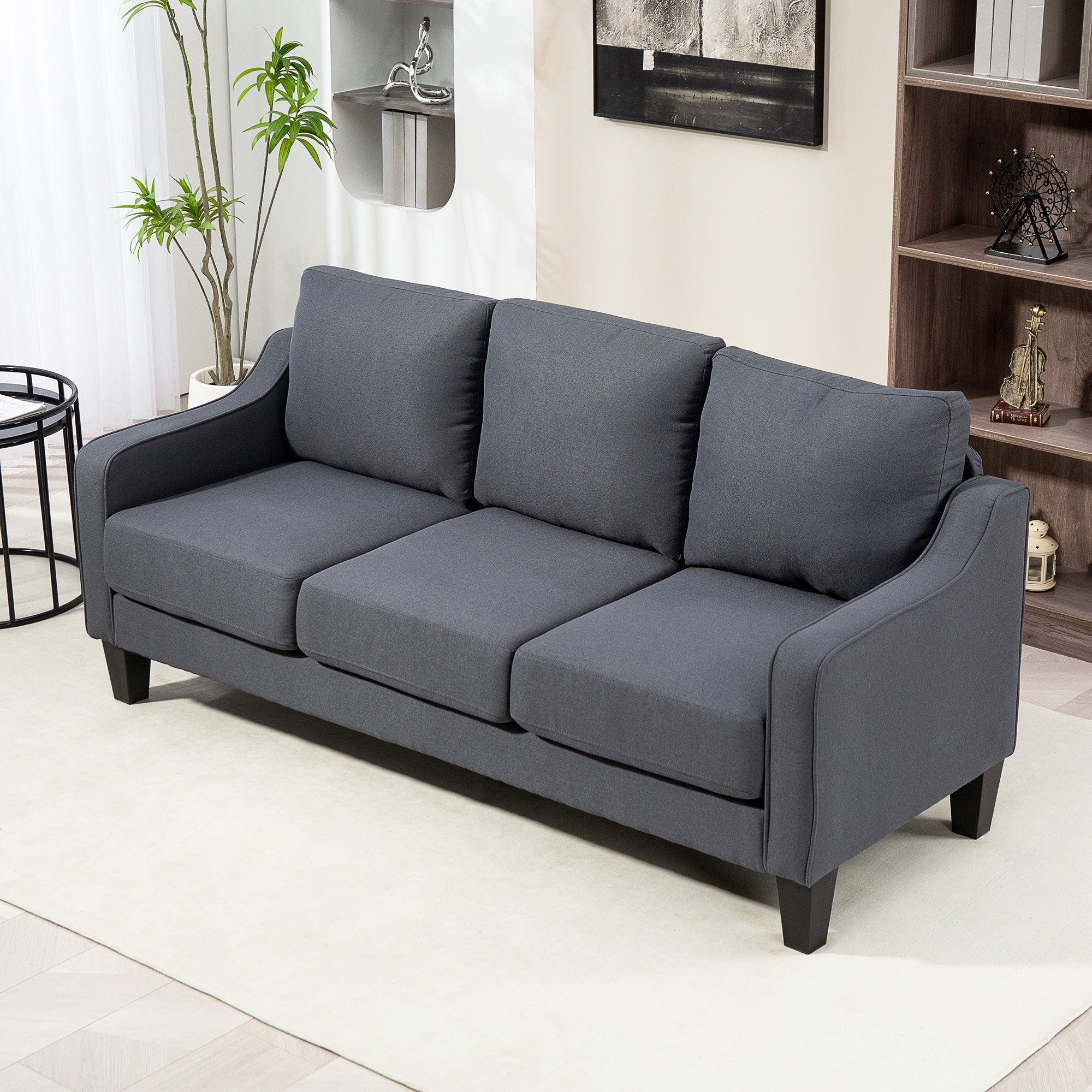 3 Seater Sofa, Modern Couch with Pocket Spring, Linen Upholstered, Thick Padded, Charcoal Grey