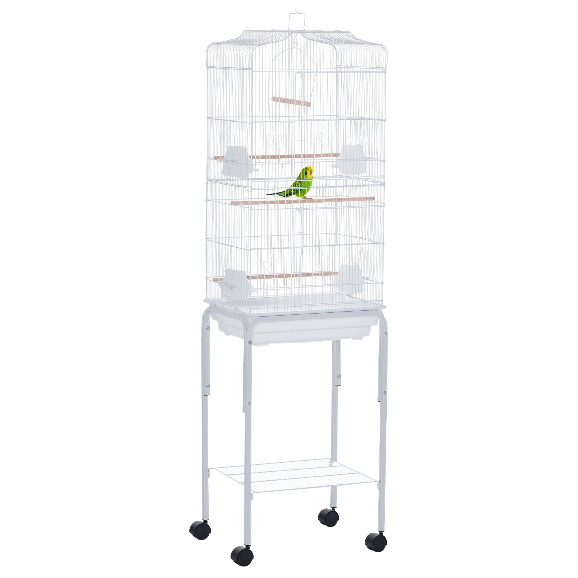 62" Rolling Bird Cage Cockatoo House Play Top Finch Pet Supply with Storage Shelf, Wheels - White