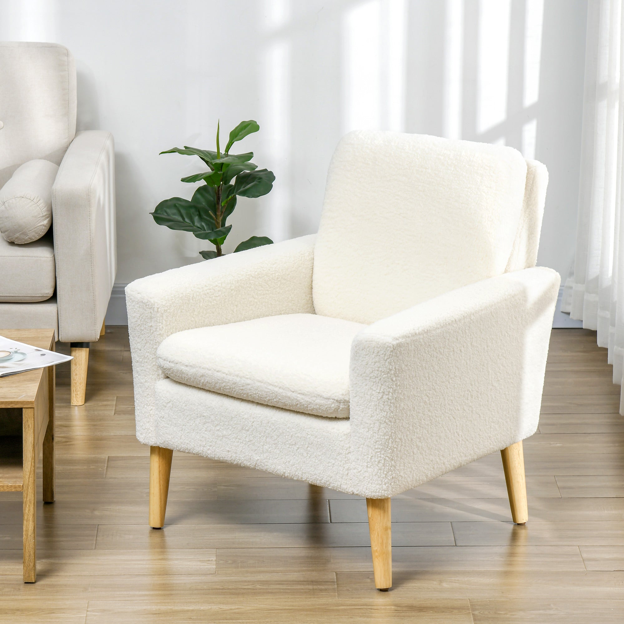 Fabric Accent Chair, Modern Upholstered Armchair with Wood Legs and Wide Padded Seat, Cream White