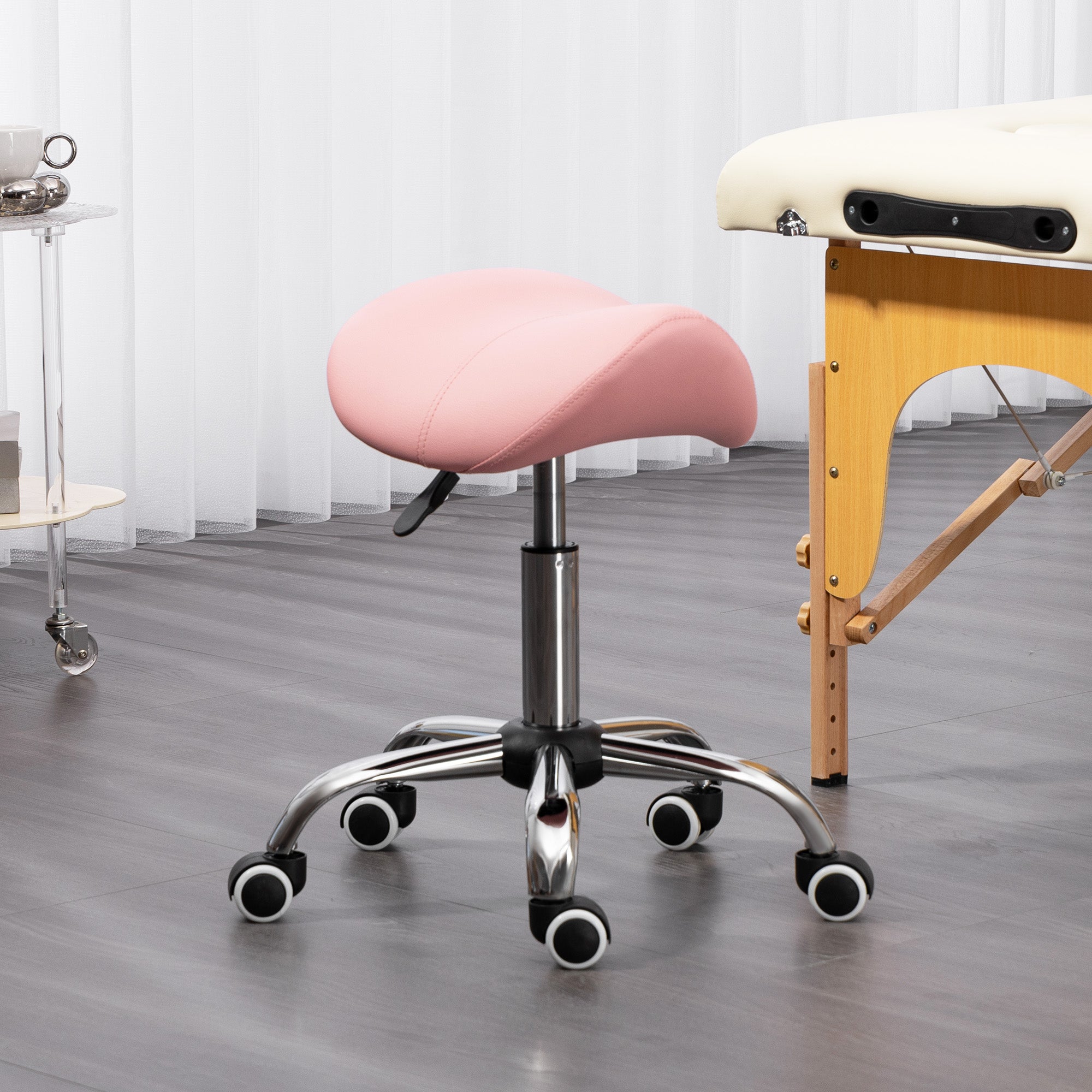 Cosmetic Stool 360° Rotate Height Adjustable Salon Massage Spa Chair Hydraulic Rolling Faux Leather Saddle Stool, Pink
