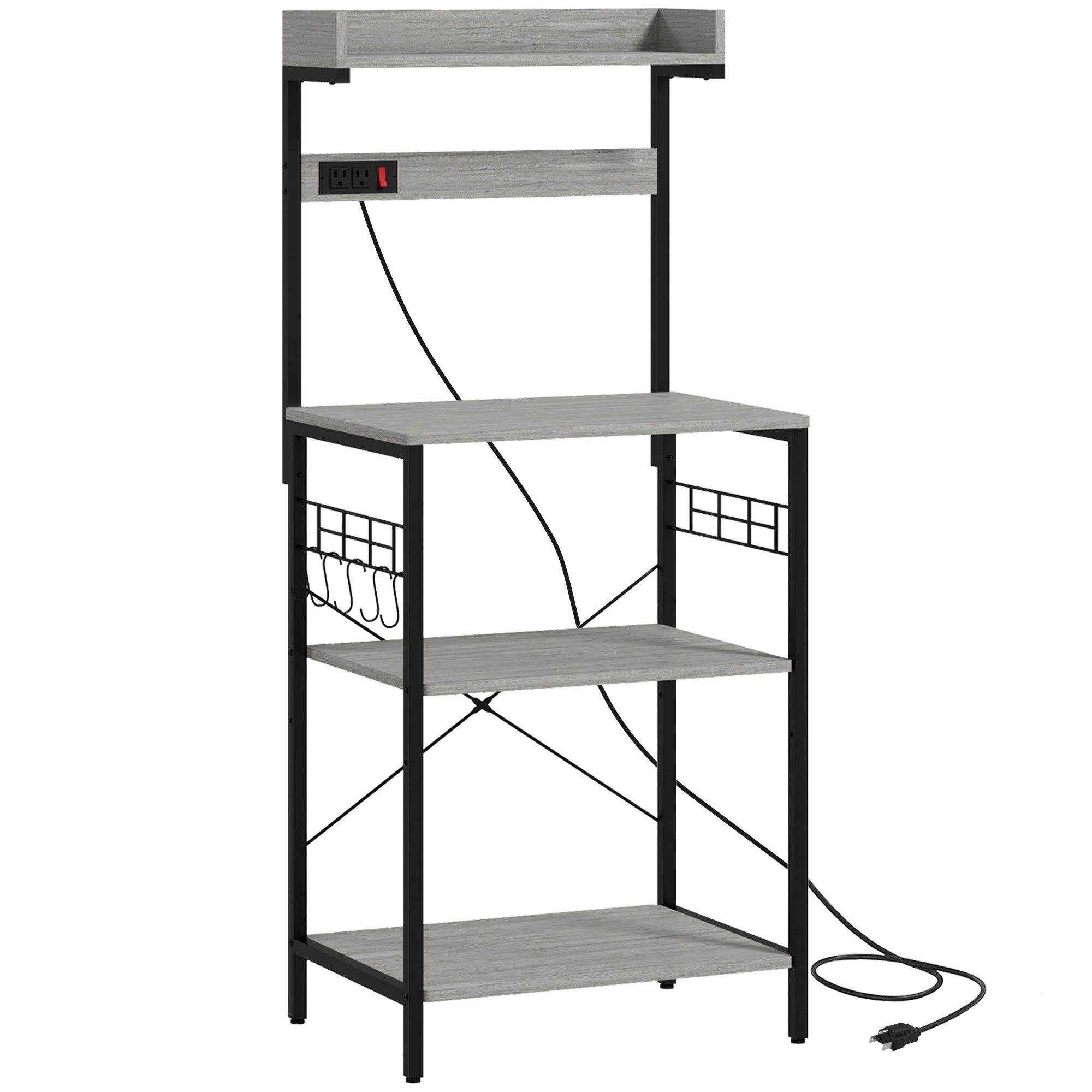 Kitchen Baker's Rack with Power Outlet, Coffee Bar Station with Adjustable Shelves and Hooks, Distressed Grey
