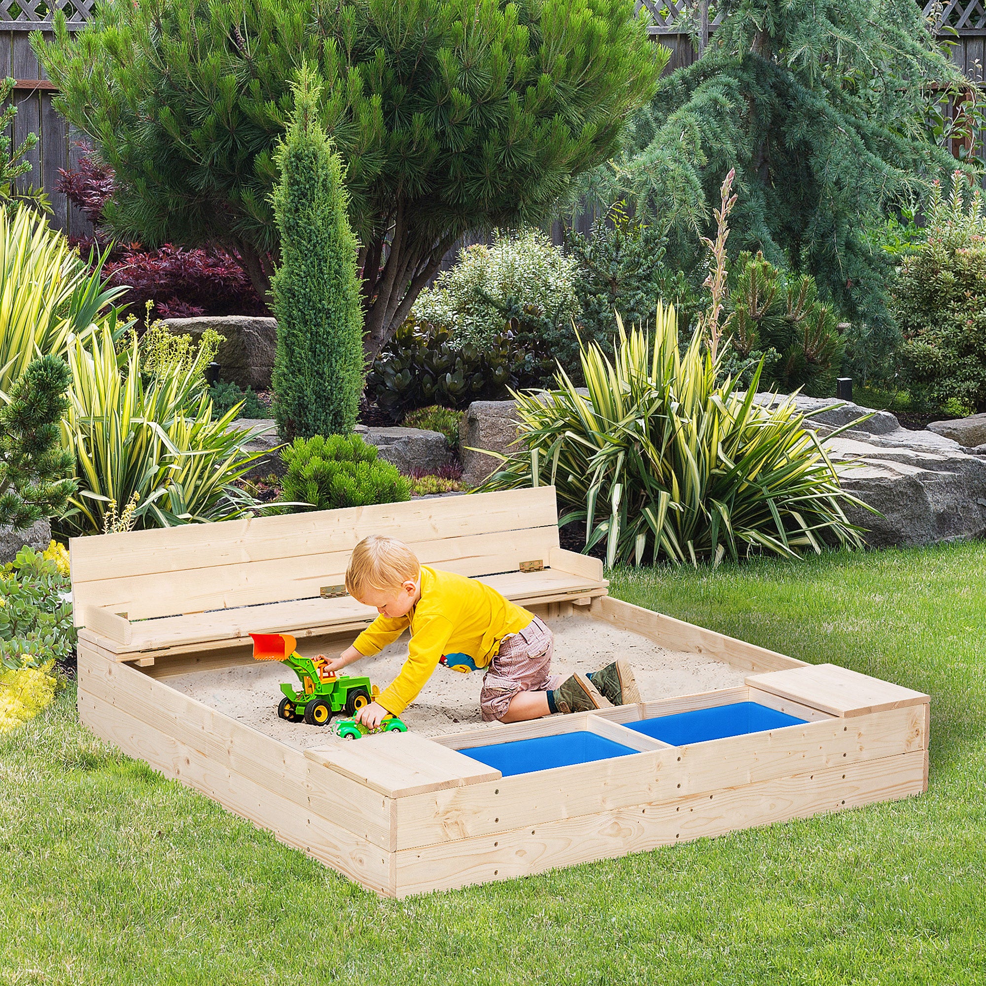 Wooden Kids Sandbox with Foldable Bench Seat, 2 Plastic Boxes, Bottom Liner, Storage Space for Garden, Backyard