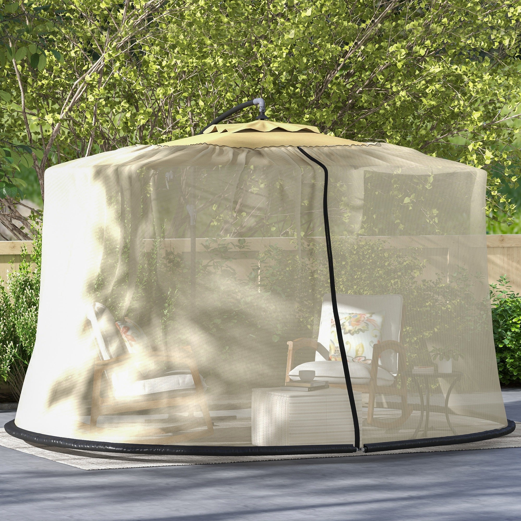 7.5FT Umbrella Table Screen Mosquito Bug Net, Garden Large Umbrella Cover Netting with Zippered Door, Beige