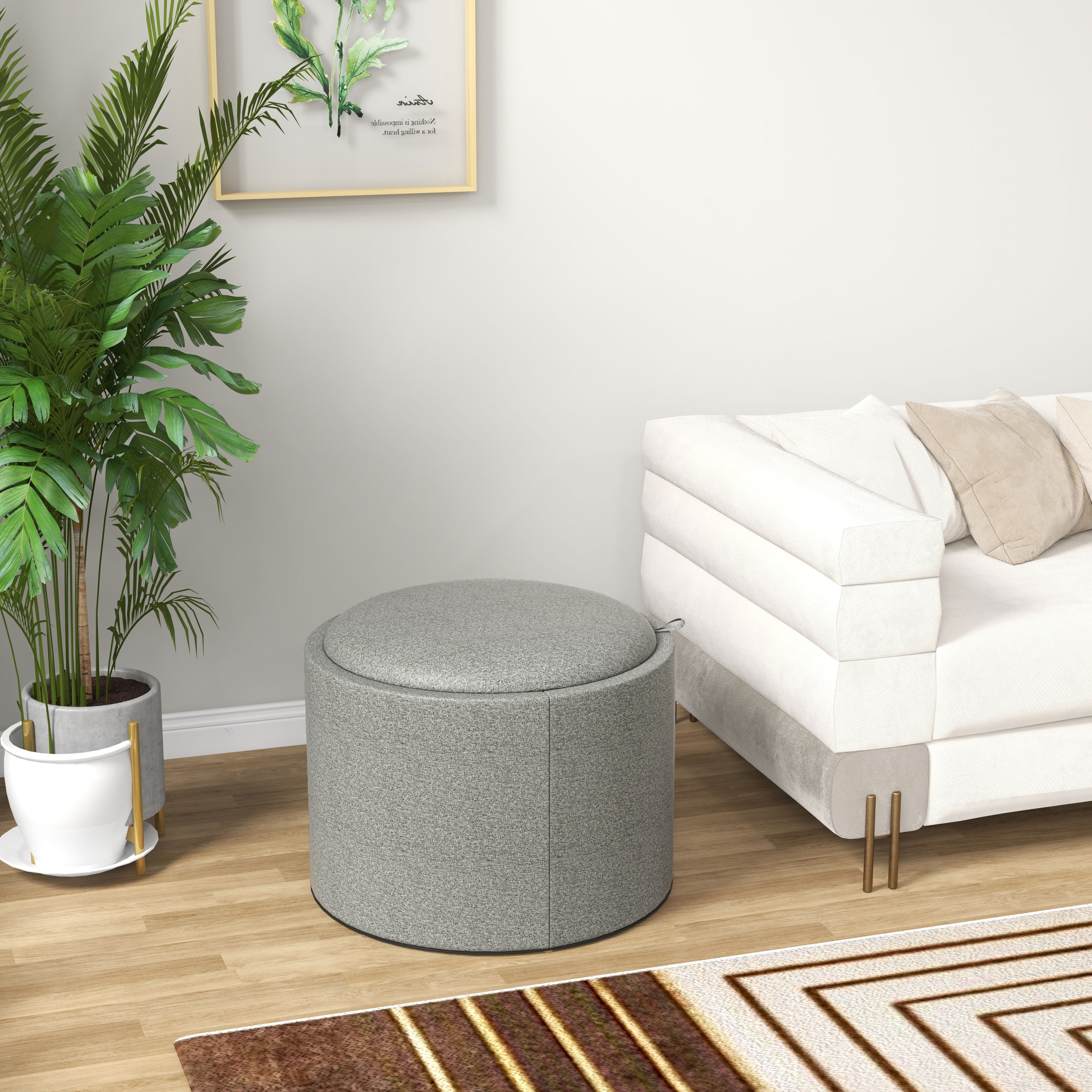 Round Coffee Table, End Table with Hidden Storage and Tray Top, Linen Upholstered Footrest for Living Room