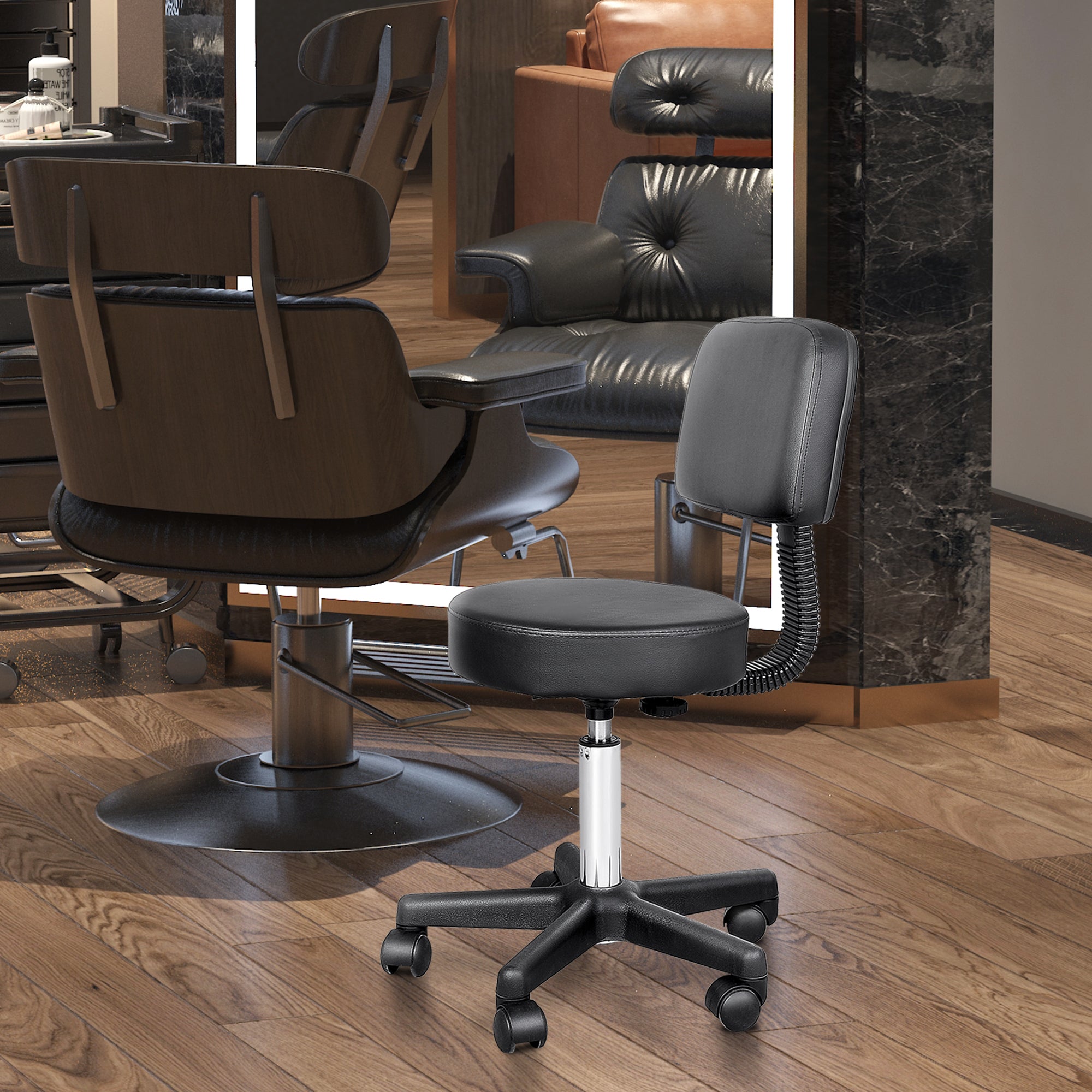 PU Leather Adjustable Rolling Stool, Round Swivel Drafting Stool with Back, Wheels, Black