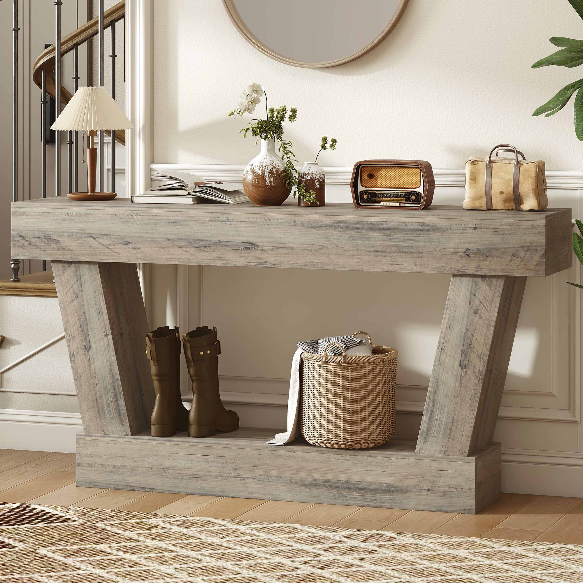 63 Inch Vintage Console Table, Narrow Entryway Table with Open Shelf for Living Room, Light Brown
