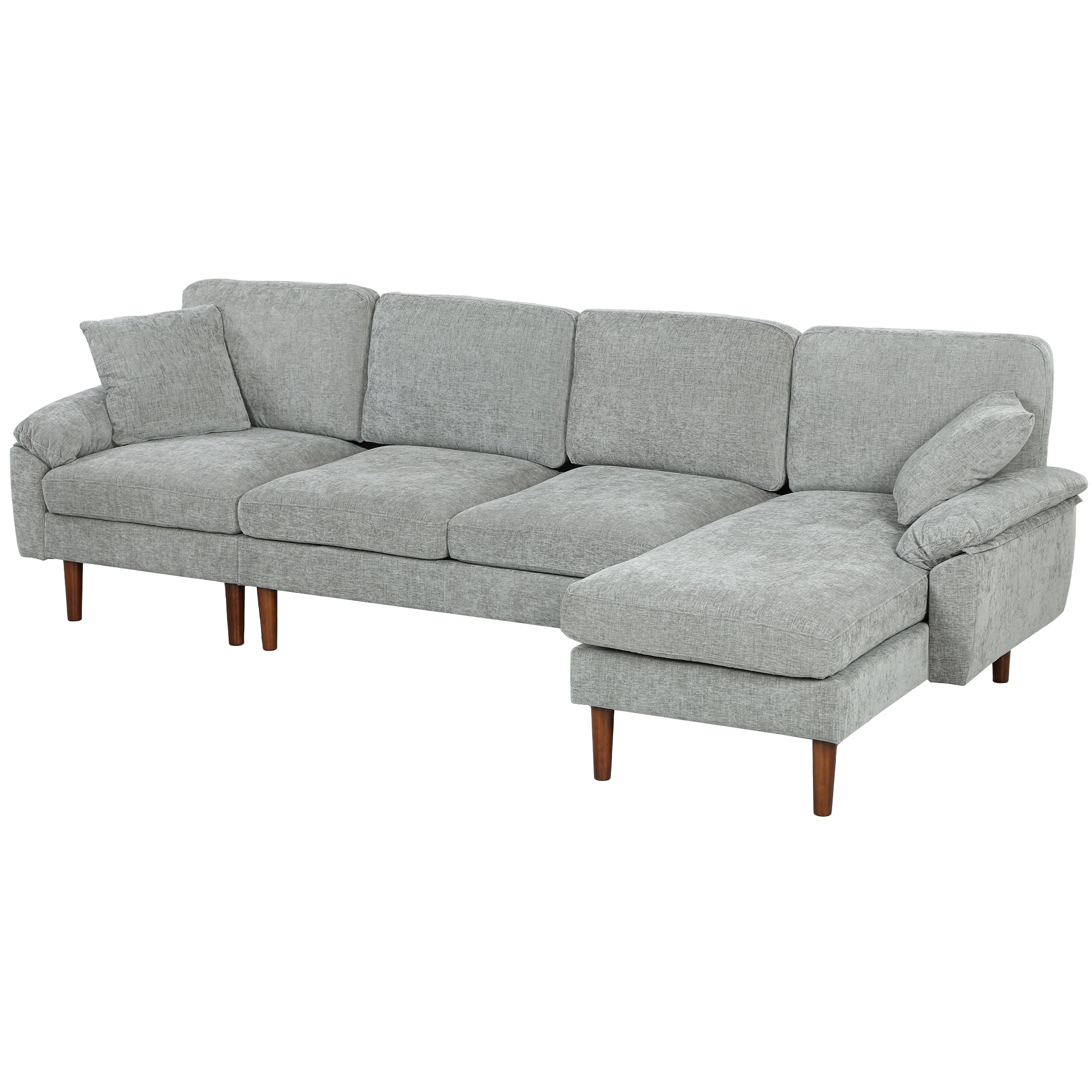 L-Shape Sofa, Modern Sectional Couch with Changeable Chaise Lounge, Pillows and Wooden Legs for Living Room, Grey