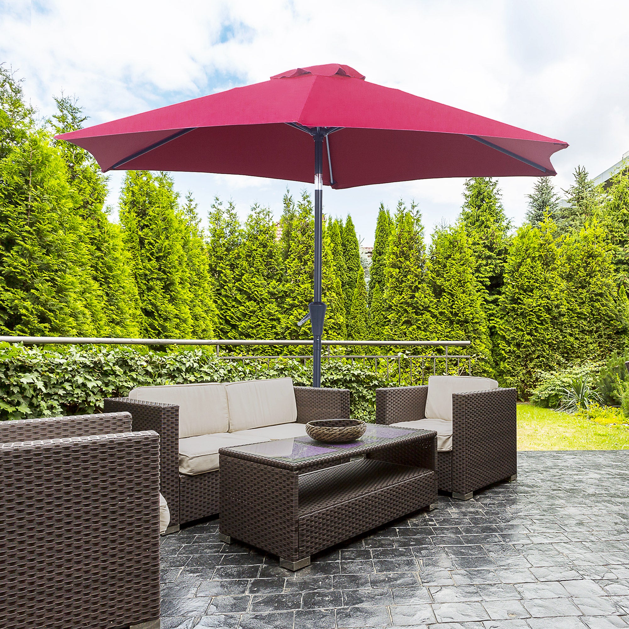 8.5FT Patio Umbrella, Round Garden Parasol with 6 Ribs, Market Sunshade Tilt Canopy w/ Crank Handle for Outdoor, Wine Red
