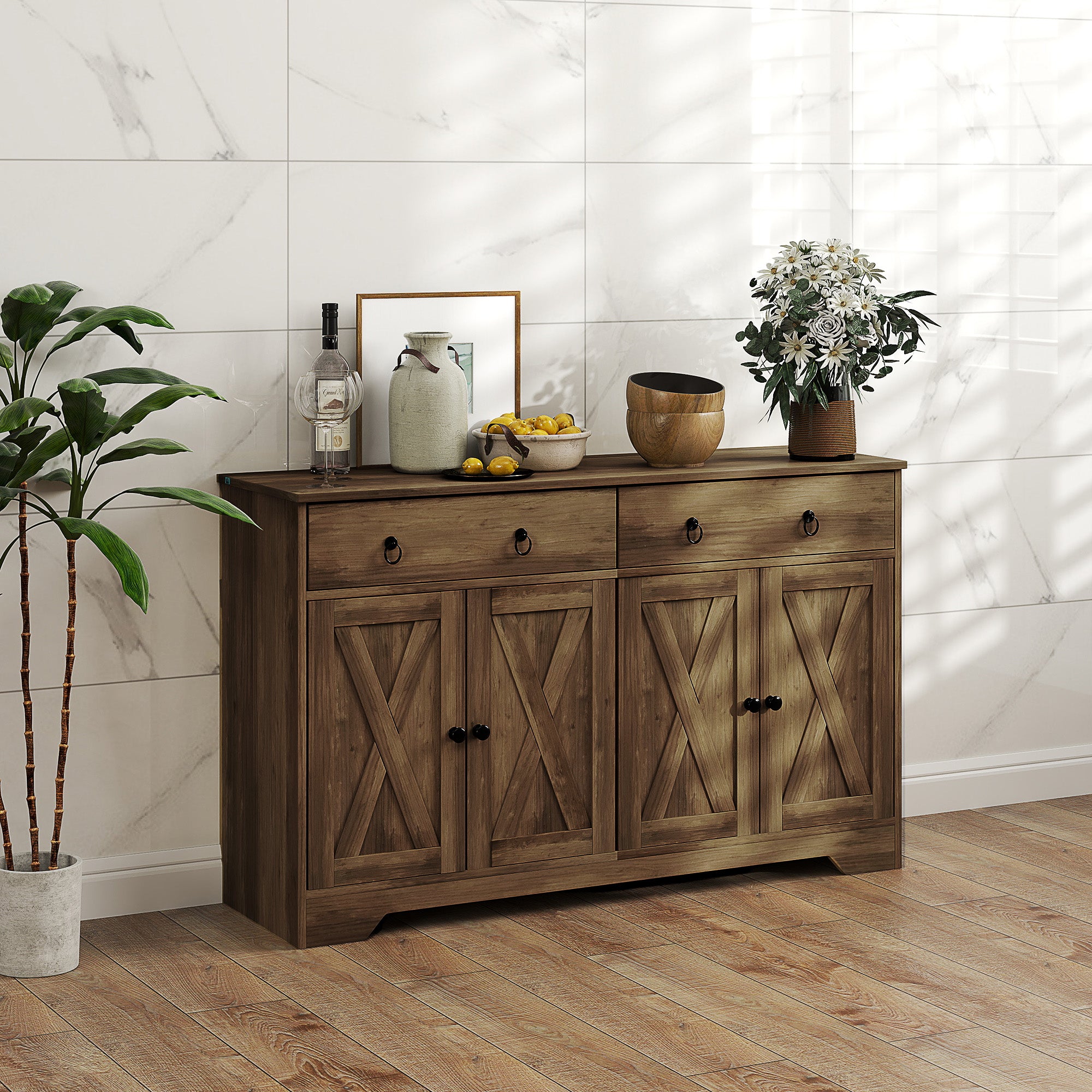 Sideboard Cabinet with 2 Drawers, 4 Barn Doors and 2 Adjustable Shelves, Buffet Table for Living Room, Light Brown