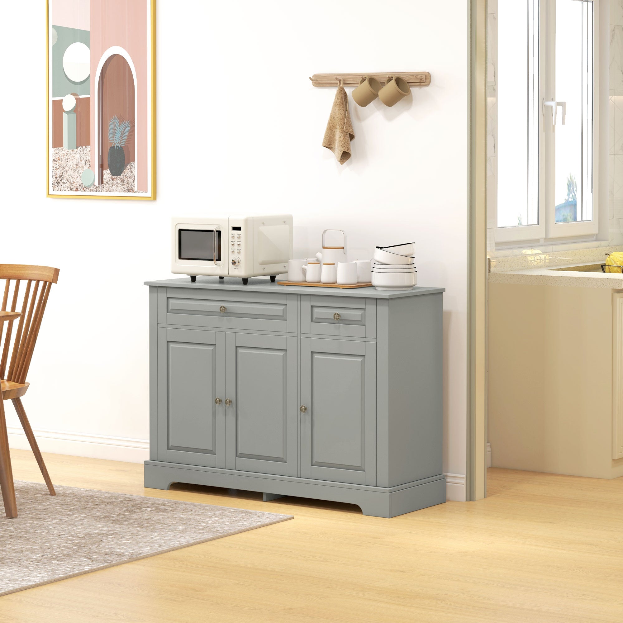 Modern Sideboard Cabinet, Buffet Cabinet with 2 Drawers and Adjustable Shelves, Buffets Tables for Dining Room, Grey