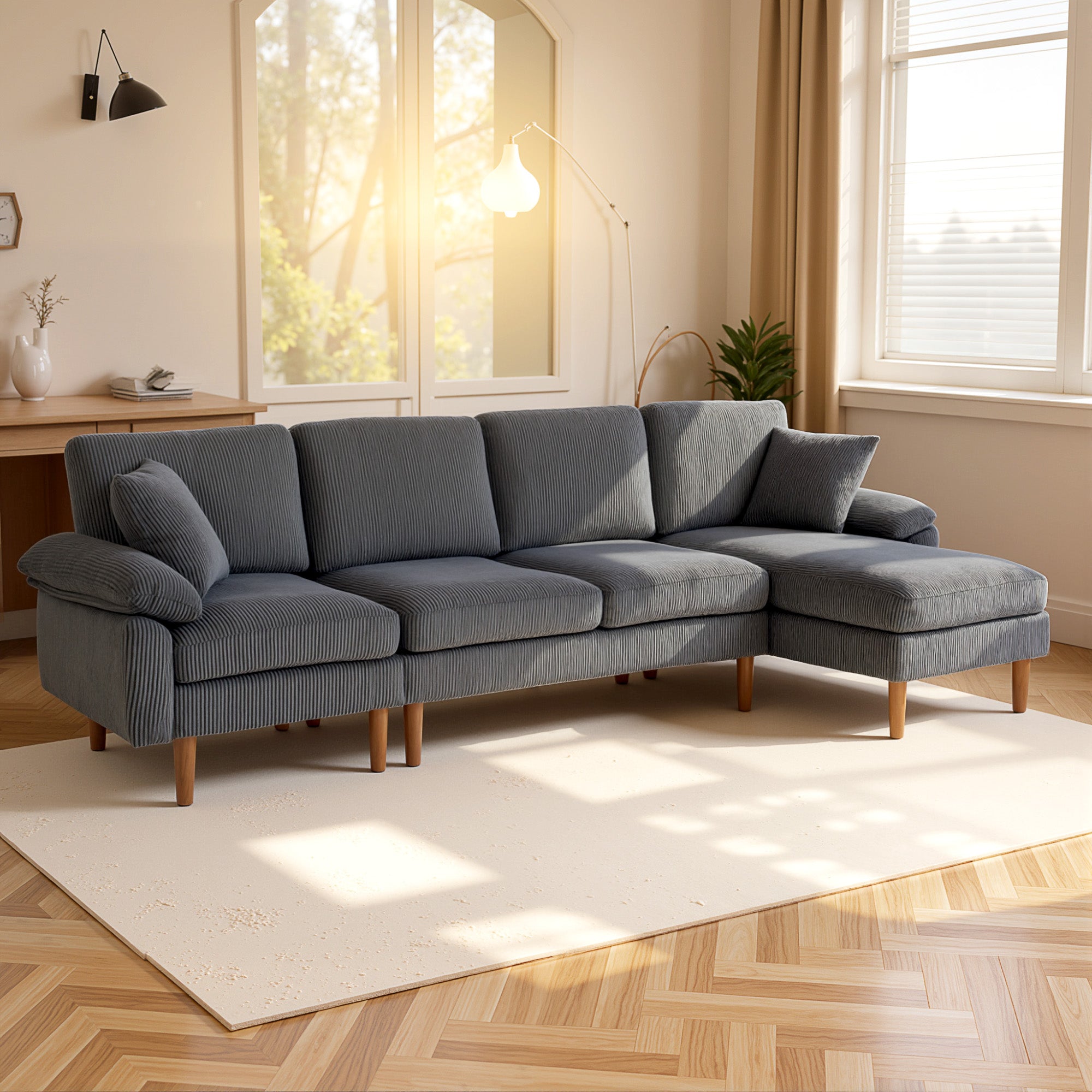 L-Shape Sofa, Modern Sectional Couch with Changeable Chaise Lounge, Pillows and Wooden Legs for Living Room, Dark Grey