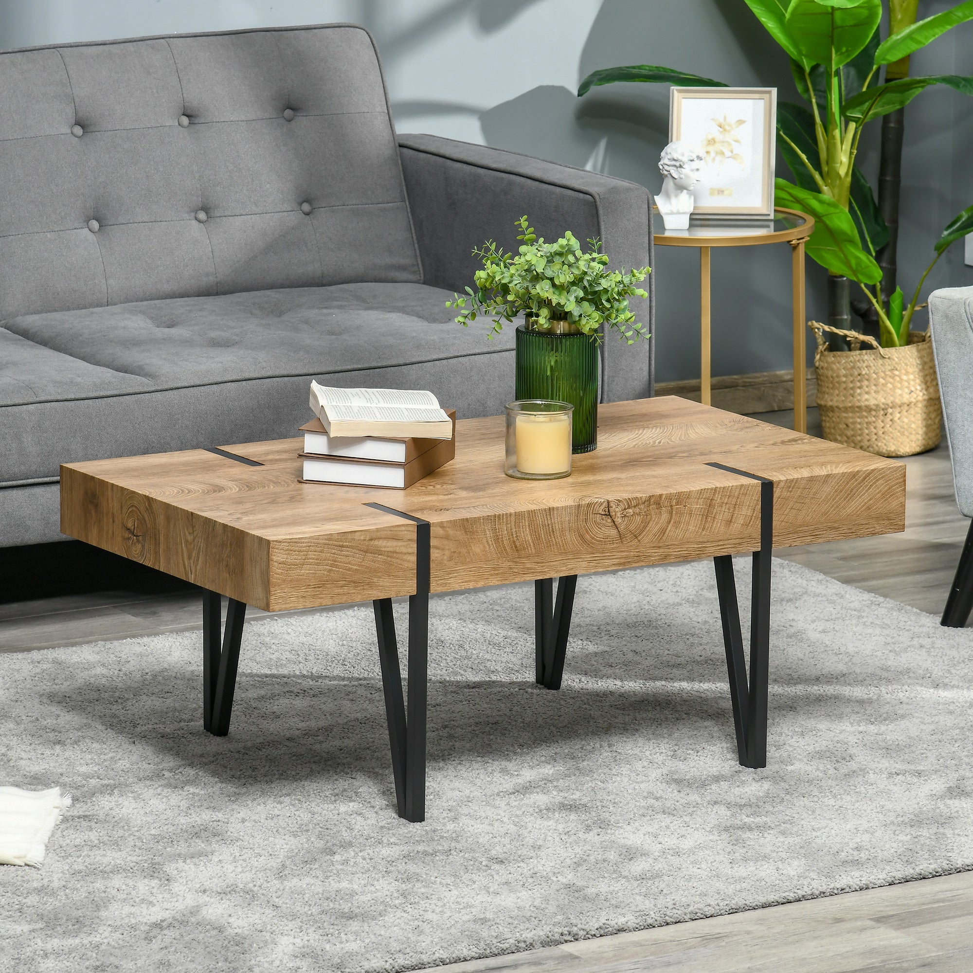 Rustic Coffee Table, Rectangle Nature Central Table with Steel Hairpin Legs for Living Room