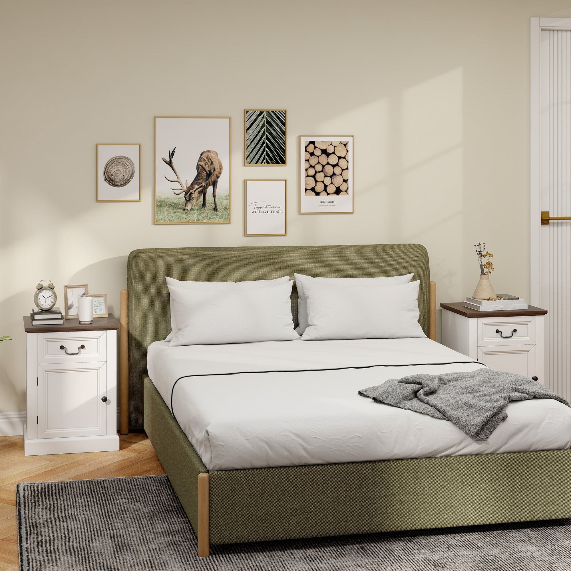 Side Table Set of 2, End Tables with Drawer and Cabinet, Nightstands for Small Spaces, Living Room, White