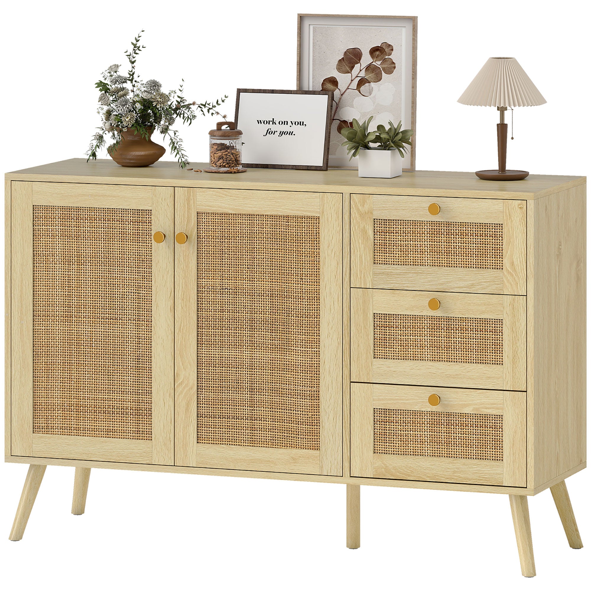 47" Buffet Cabinet with Soft-Close Doors, Rattan Sideboard with Drawers, Adjustable Shelf and Wooden Legs, Natural