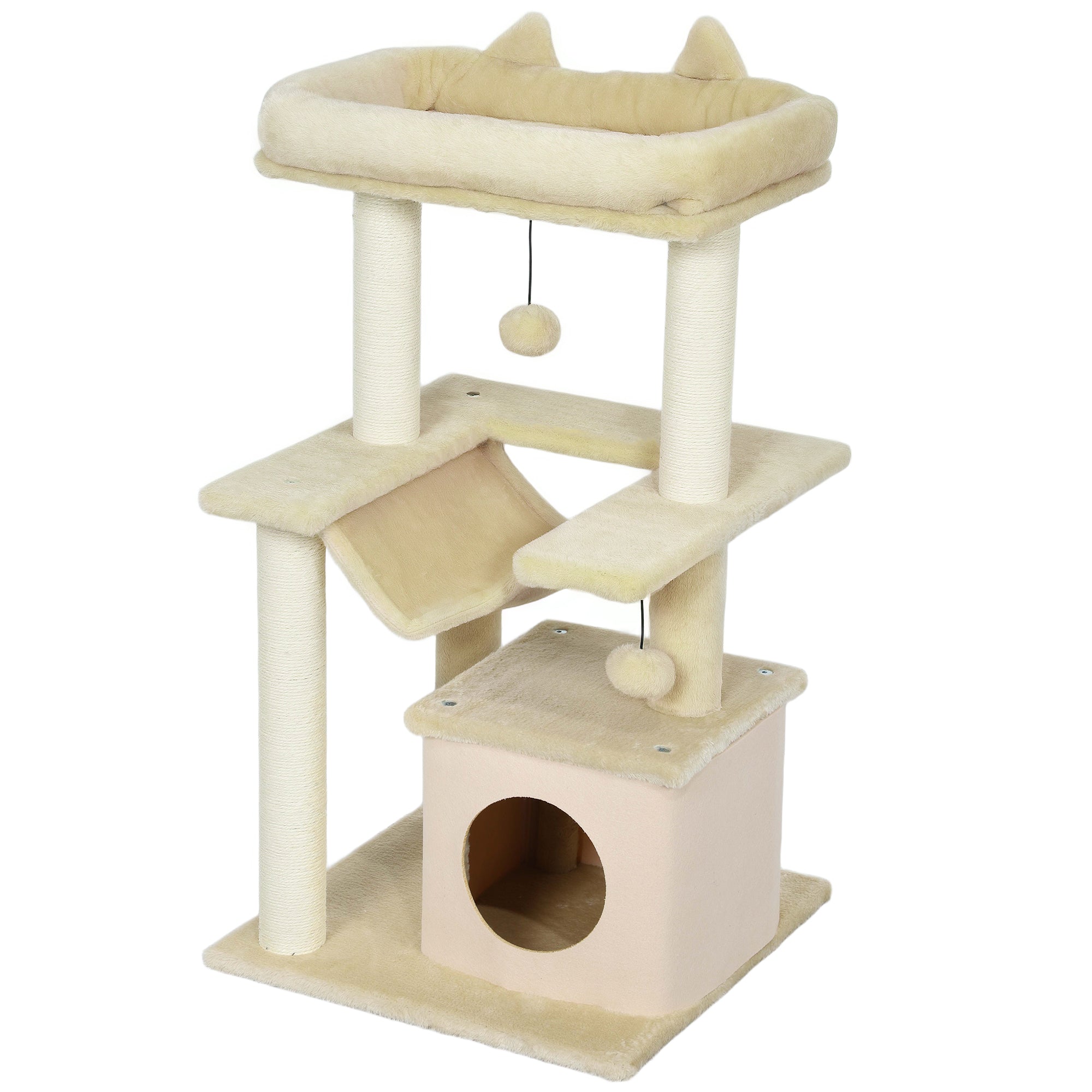 39.25'' Cat Tree Tower Multi-Level Kitten House with Scratching Post Condo Hammock Bed Ball Toy - Beige