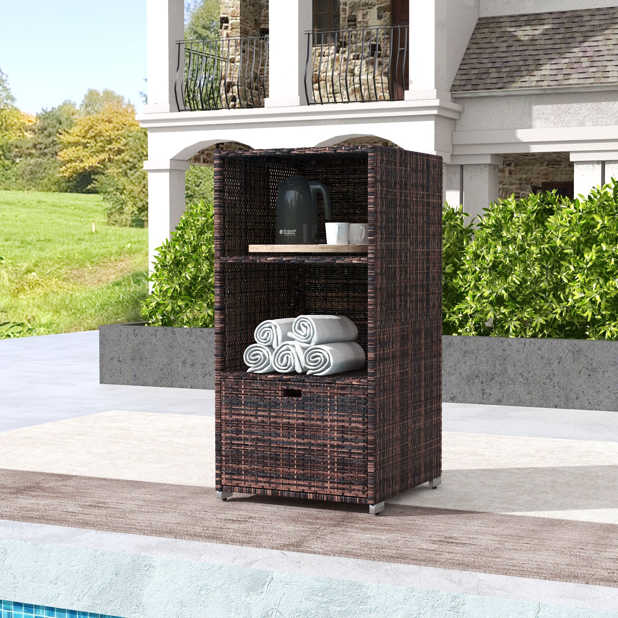 Outdoor Storage Cabinet, Patio Storage Box Rack Rattan Wicker Pool Towel Valet Organizer Poolside Garden Lawn Bathroom Furniture Shelf w/ Shelf Drawer, Mixed Brown