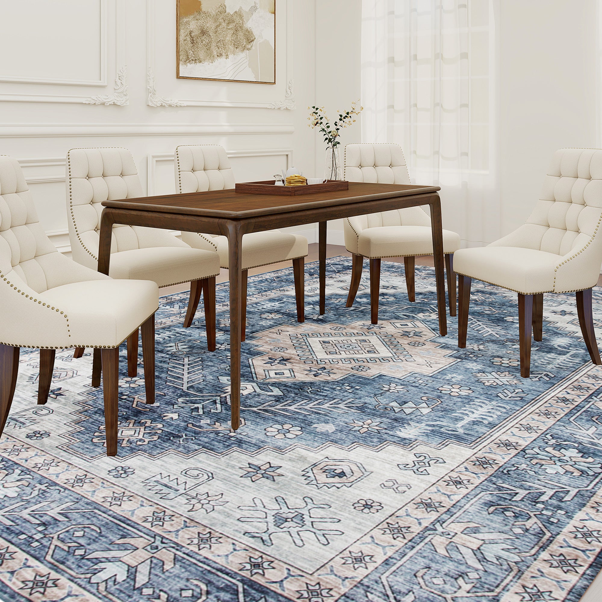 8x10 Area Rug, Vintage Machine Washable Rug, Non-Slip Floor Carpet for Living Room, Bedroom, Dining Room, Blue