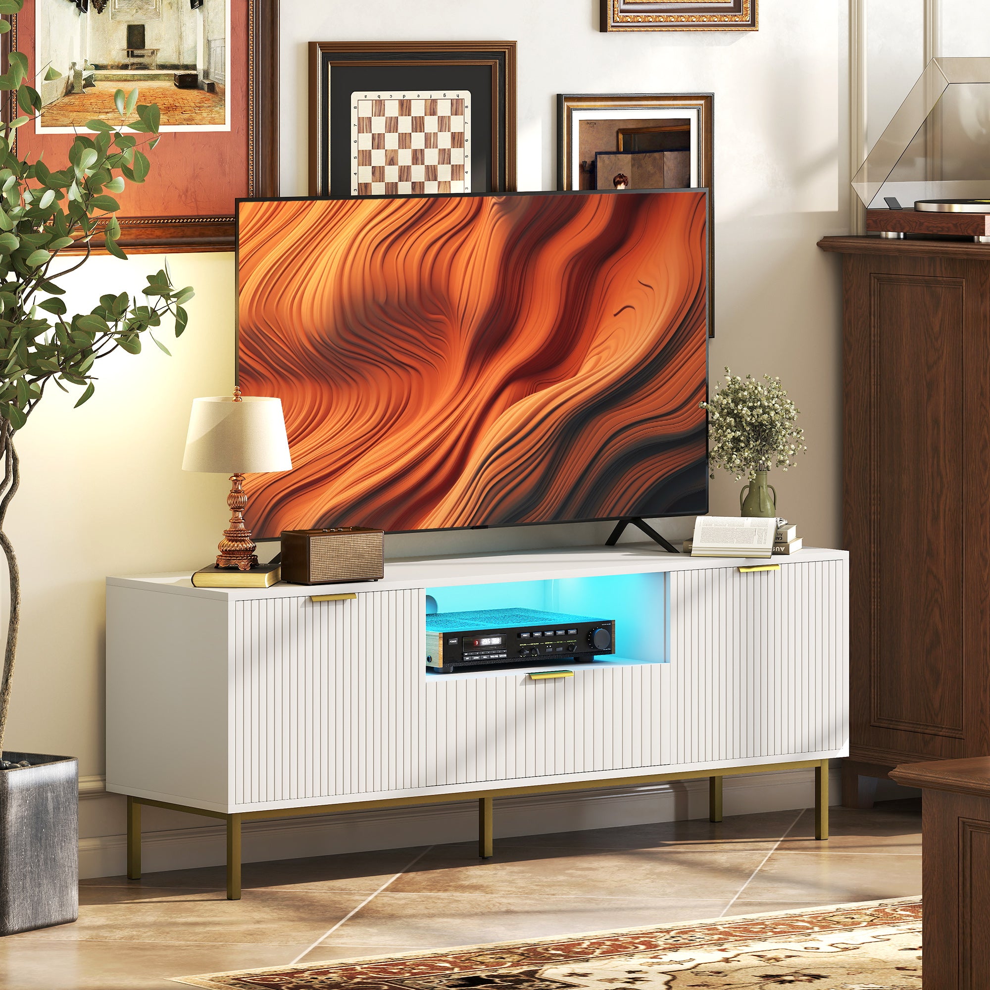 Modern TV Console for TVs up to 50 Inch, Entertainment Center with Smart RGB LED Lights and Soft Close Doors, White