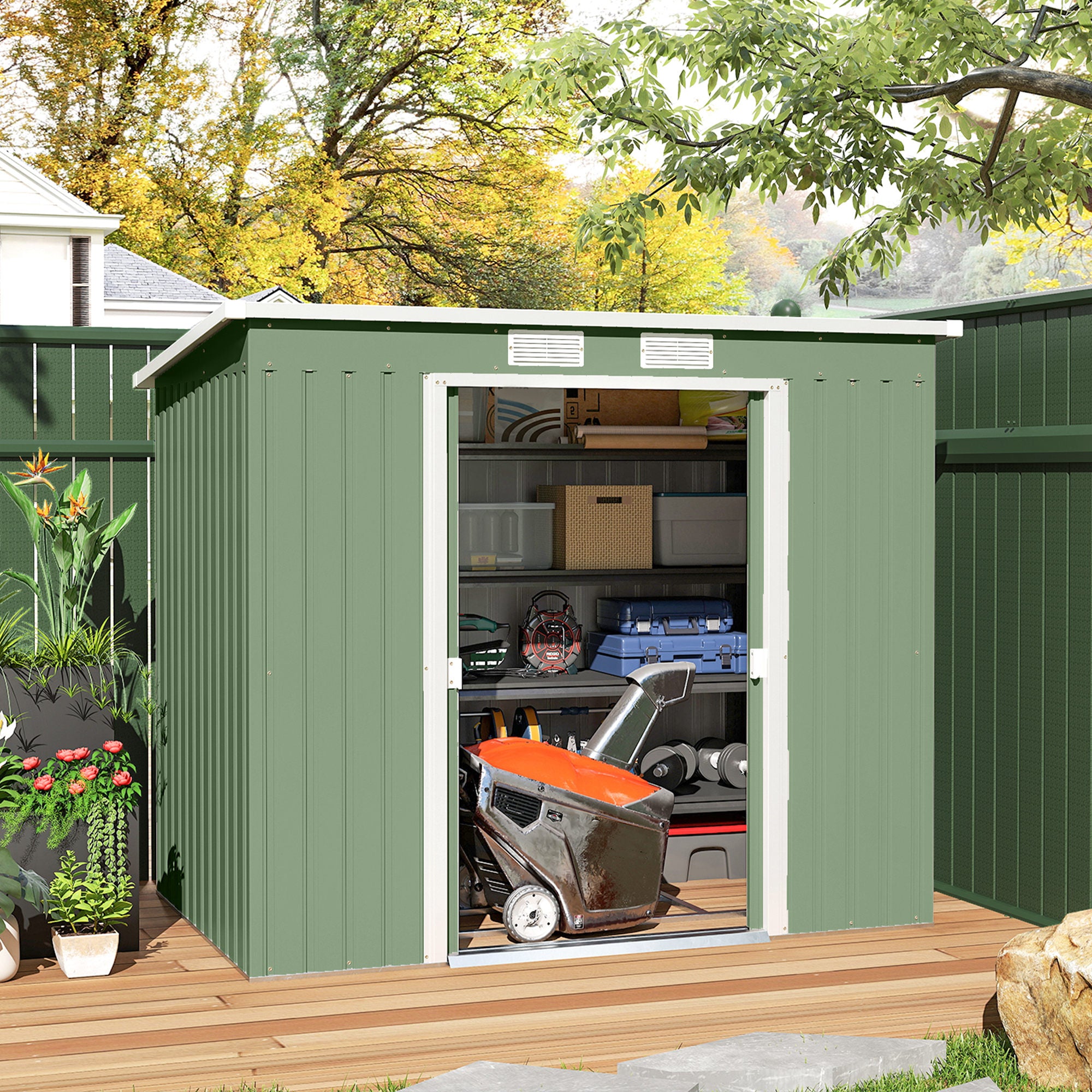 7' x 4' Galvanised Steel Garden Shed, with Foundation Kit - Green