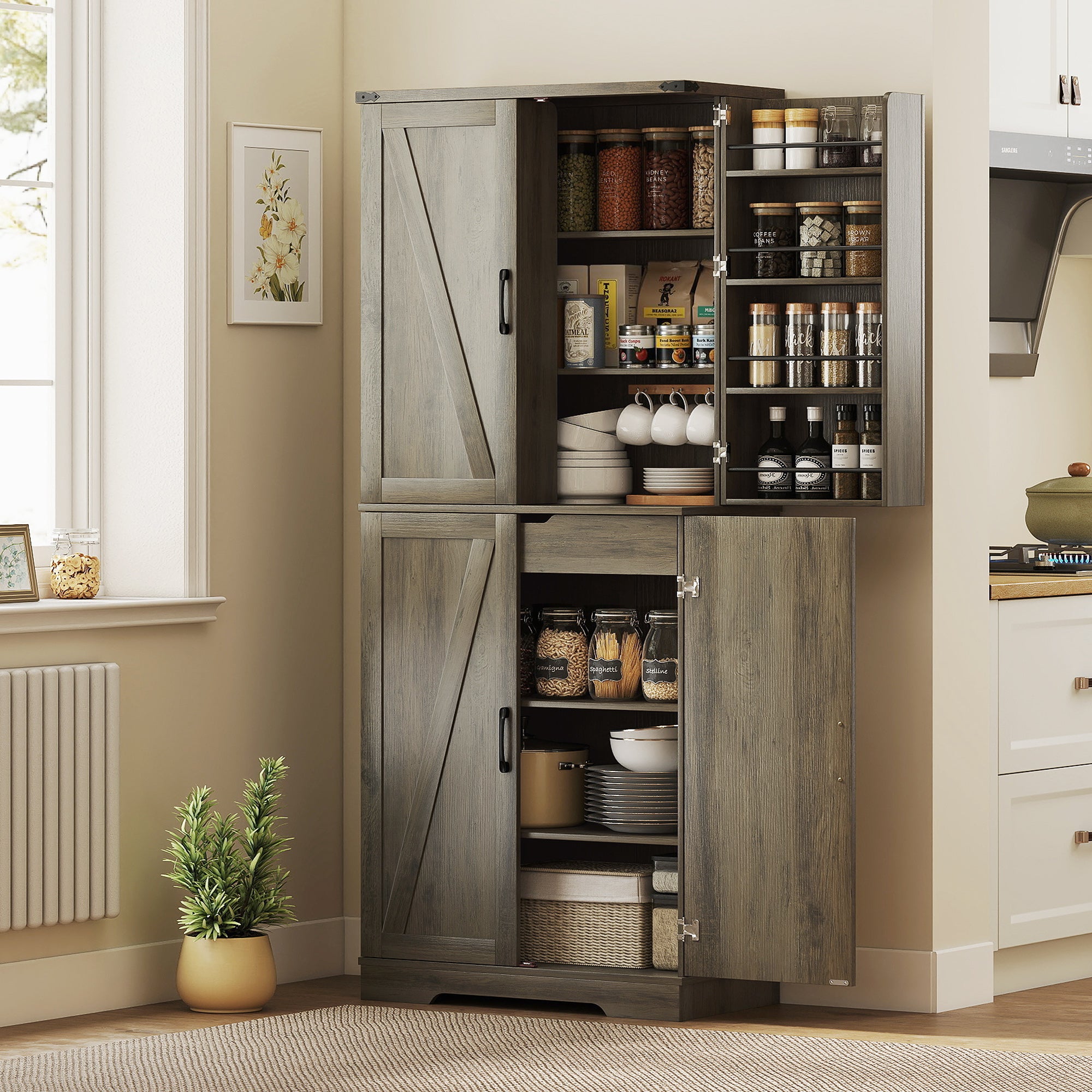 72" Kitchen Pantry Cabinet, Farmhouse Storage Cabinet with 4 Doors, Drawer, 8 Door Shelves and Adjustable Shelf, Grey