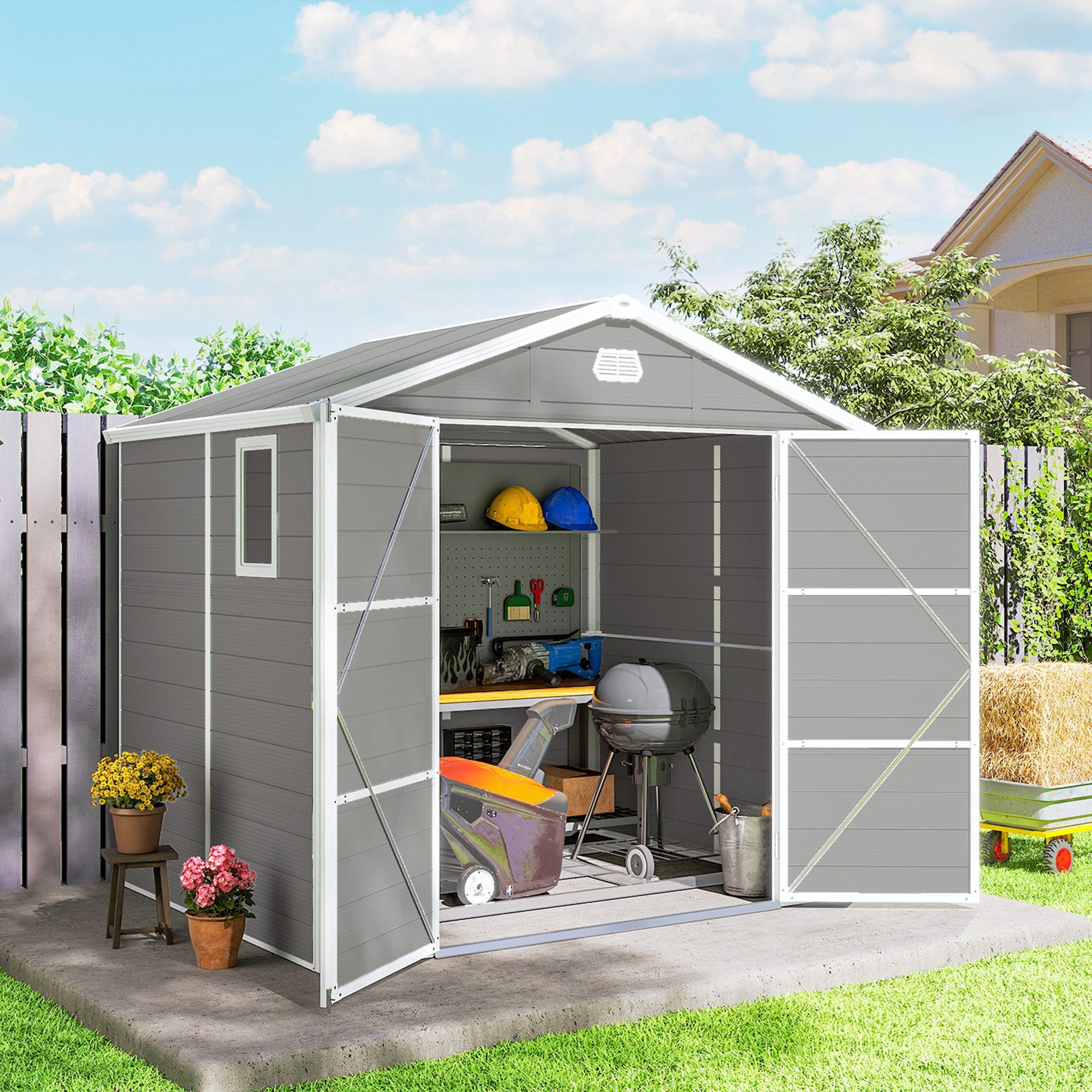 8' x 6' Plastic Garden Storage Shed with Latch Door, Vents, Sloped Roof, Light Grey