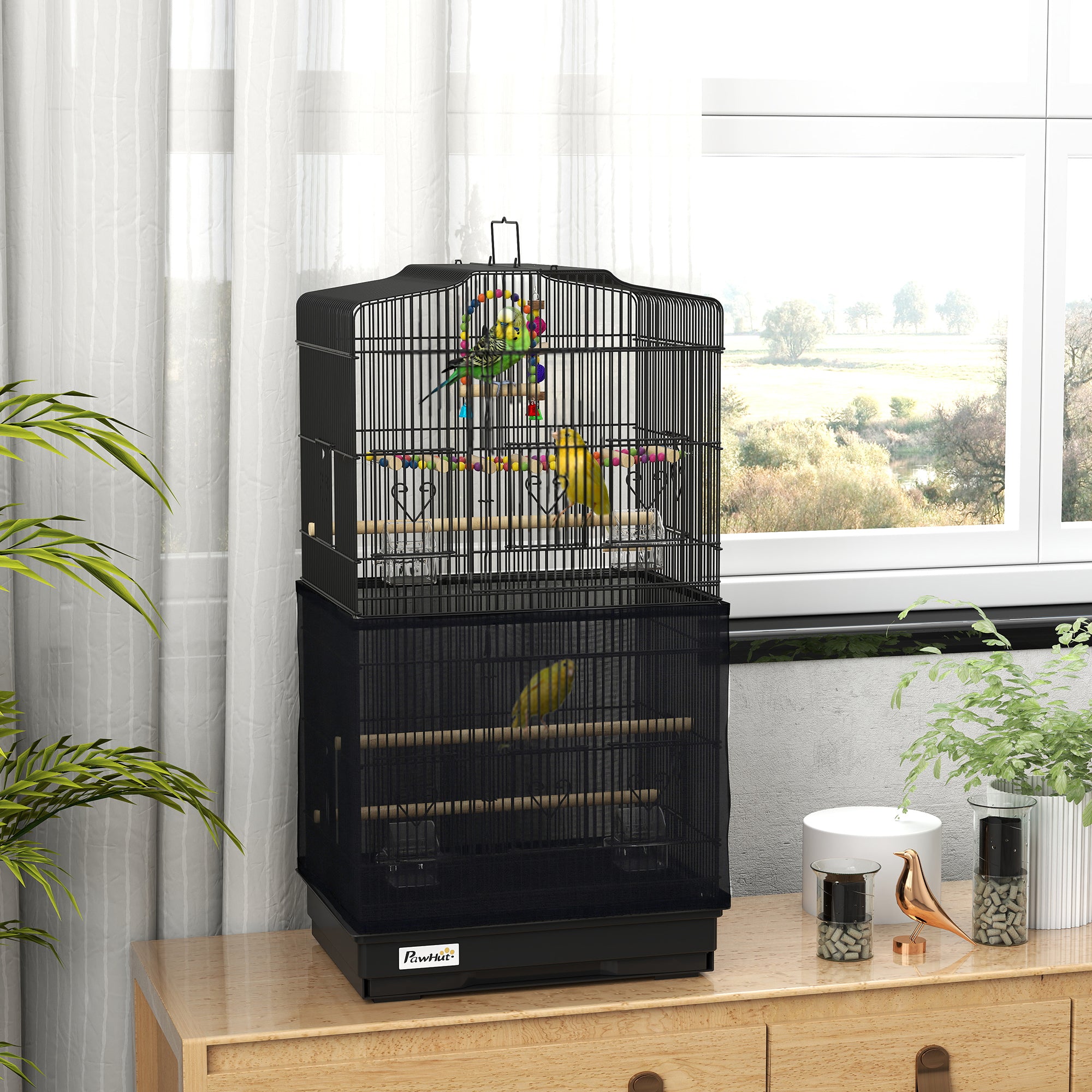 36" Bird Cage with Accessories, Handle, Mesh Cover, Tray, Black