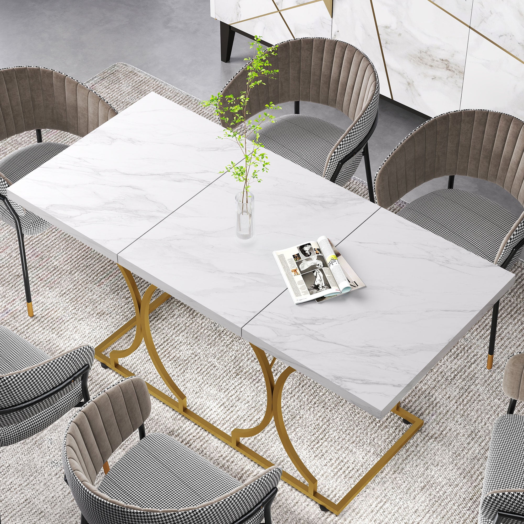 59-Inch Dining Table for 6, Modern Marble-Pattern Kitchen Dinner Table with Metal Pedestal for Home, Dining Room, White