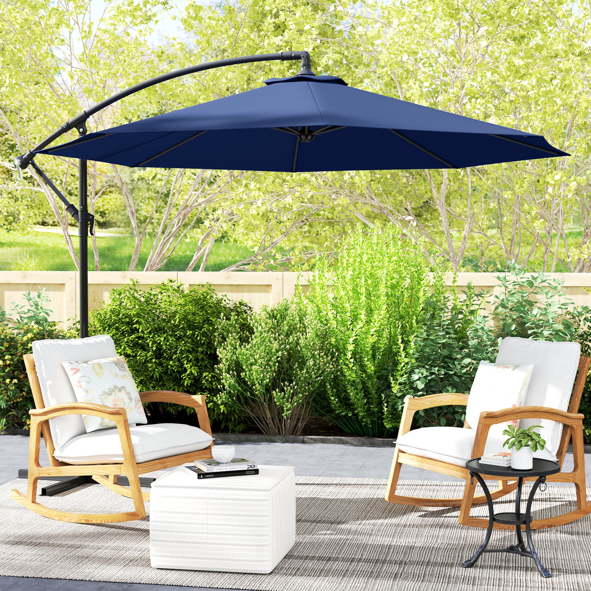 10' Deluxe Patio Umbrella, Outdoor Market Parasol, Banana Hanging Offset Sunshade with Crank, Cross Base, Navy Blue
