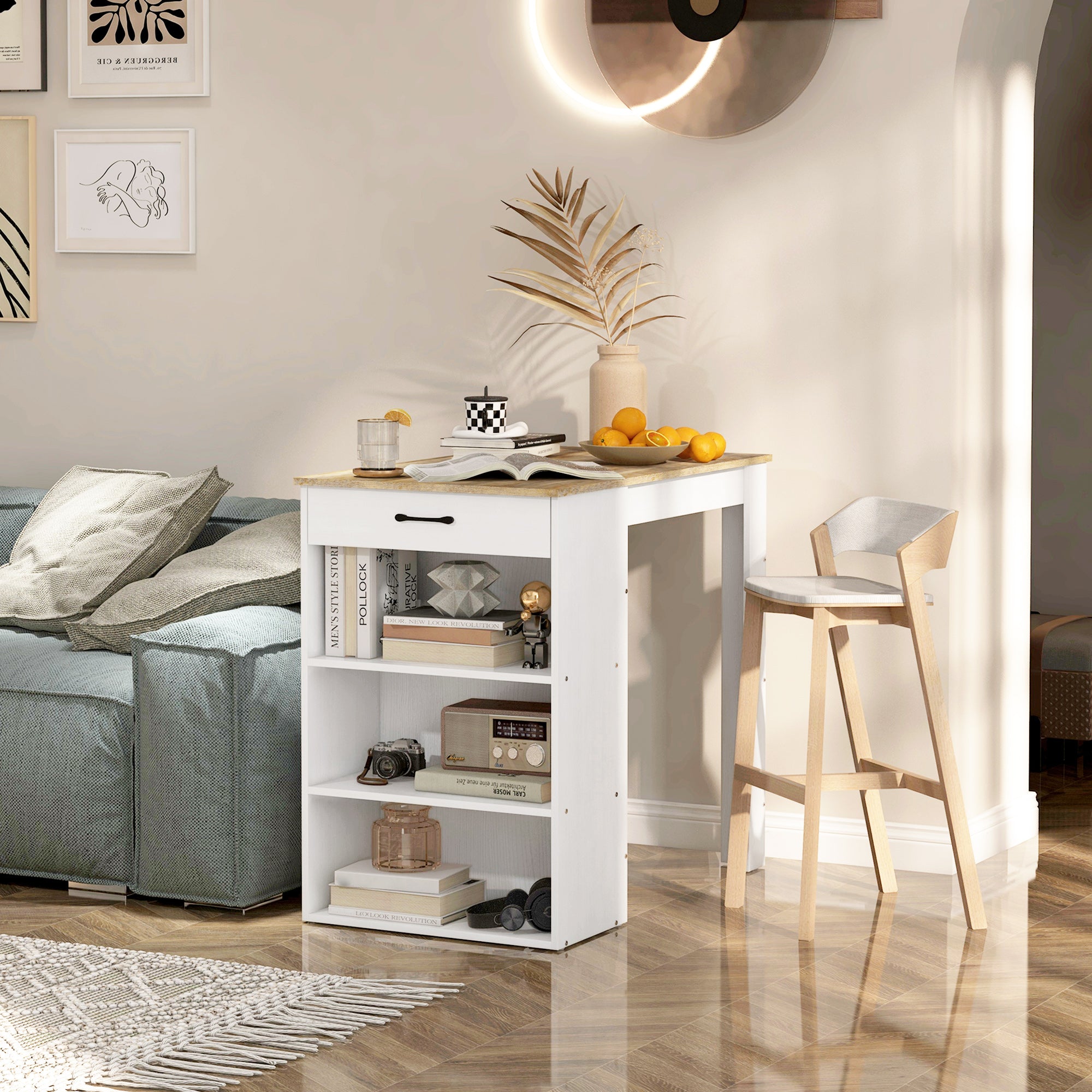 Bar Table with Drawer and 3 Storage Shelves, Bar Height Table, High Top Pub Table for Home Bar, Kitchen, Grey