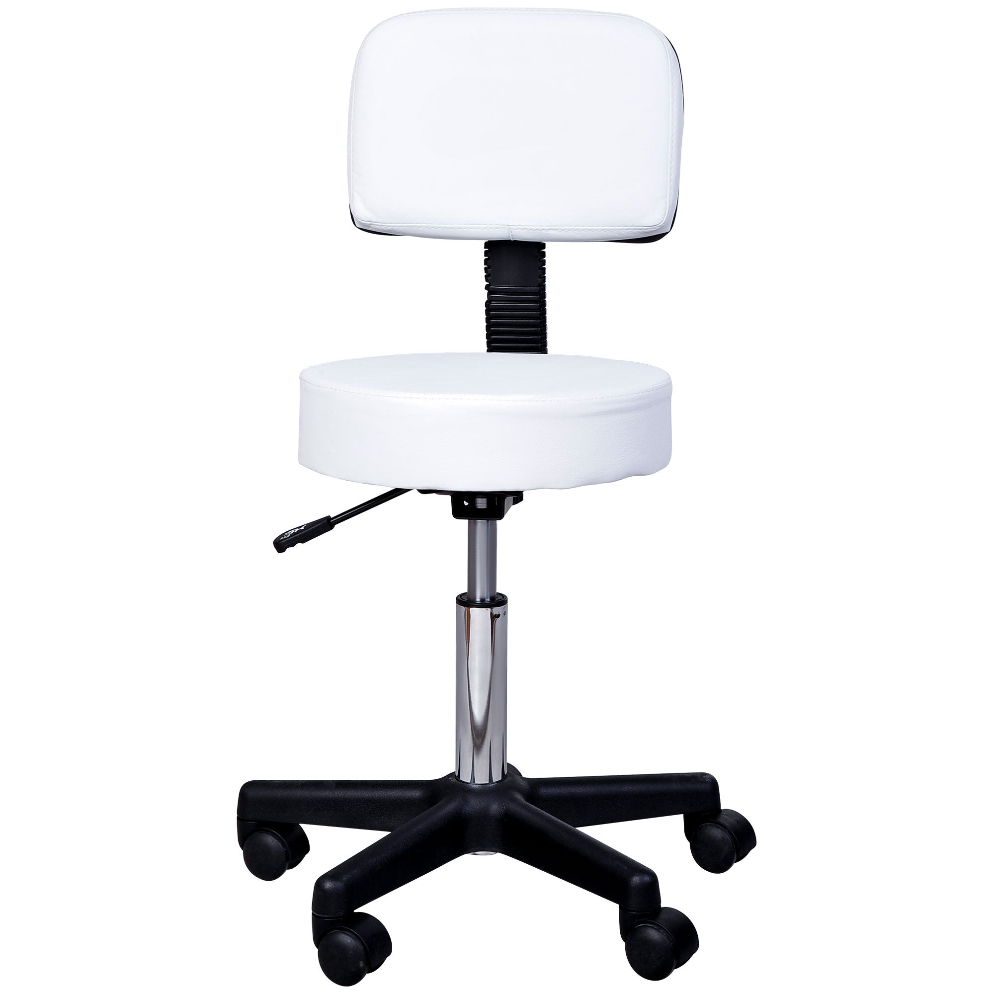 Adjustable Rolling Stool with Back, PU Leather Round Swivel Drafting Stool with Wheels for Kitchen, Salon Spa, Bar, Home Office, Massage, White