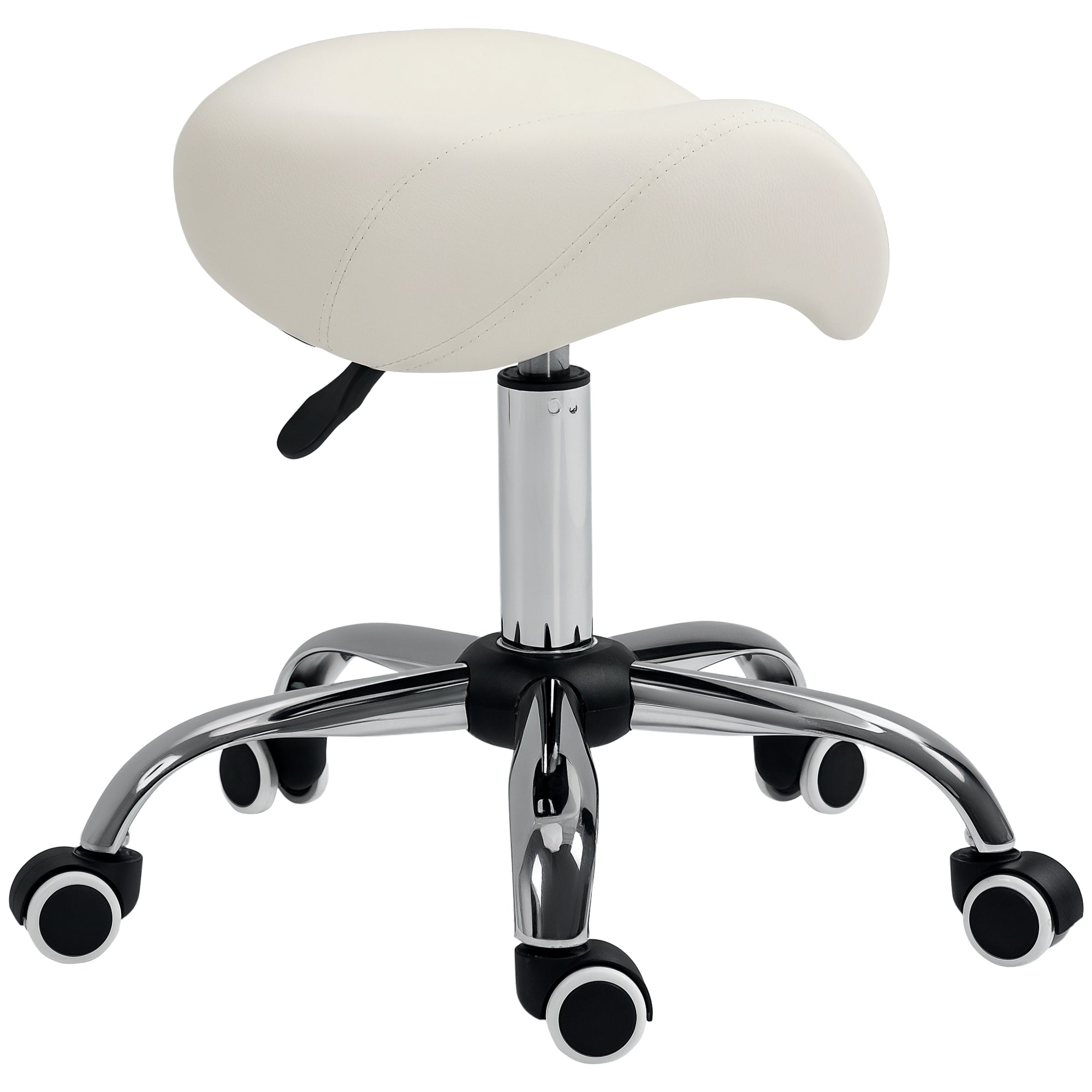Cosmetic Stool 360° Rotate Height Adjustable Salon Massage Spa Chair Hydraulic Rolling Faux Leather Saddle Stool Mobility, Cream White
