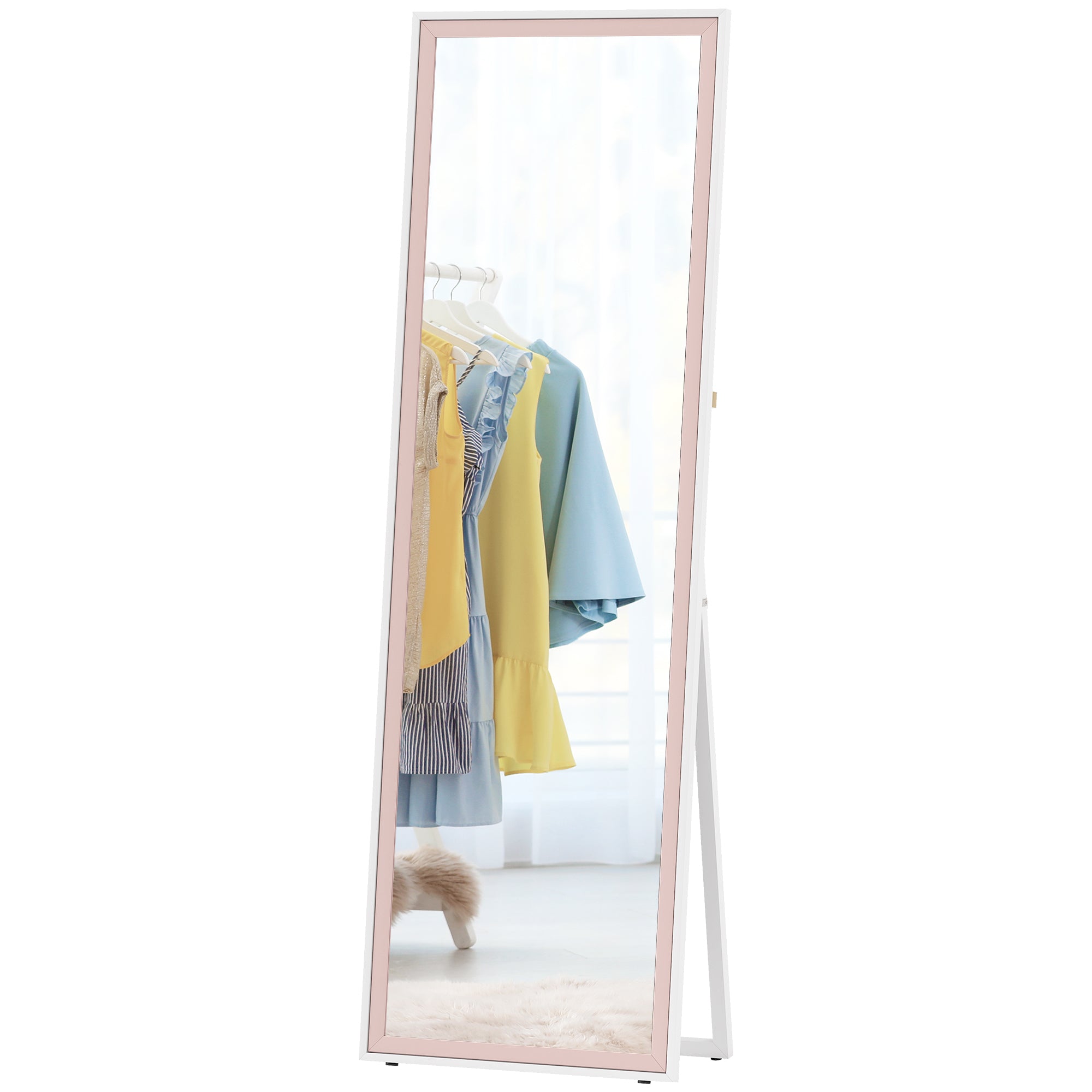 64" x 21" Full Length Mirror, Rectangular Full Body Mirror with Frame, Standing, Hanging or Leaning, White and Pink