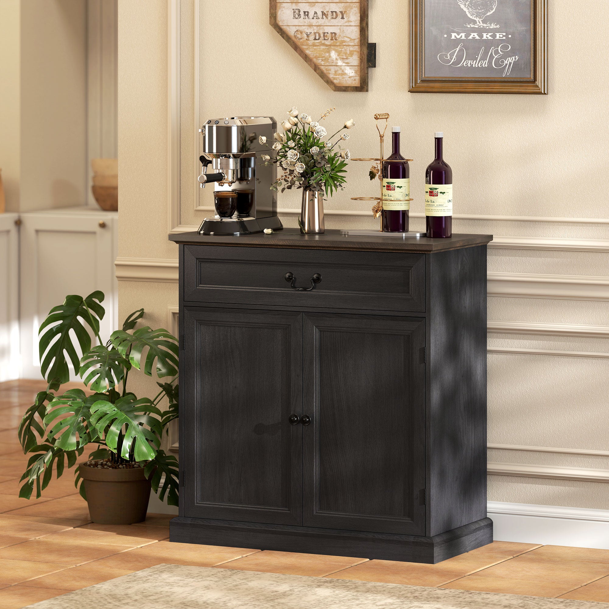 Buffet Cabinet, 32" Farmhouse Sideboard with Thick Top, Quiet Drawer and Adjustable Shelf, Black Wood Grain