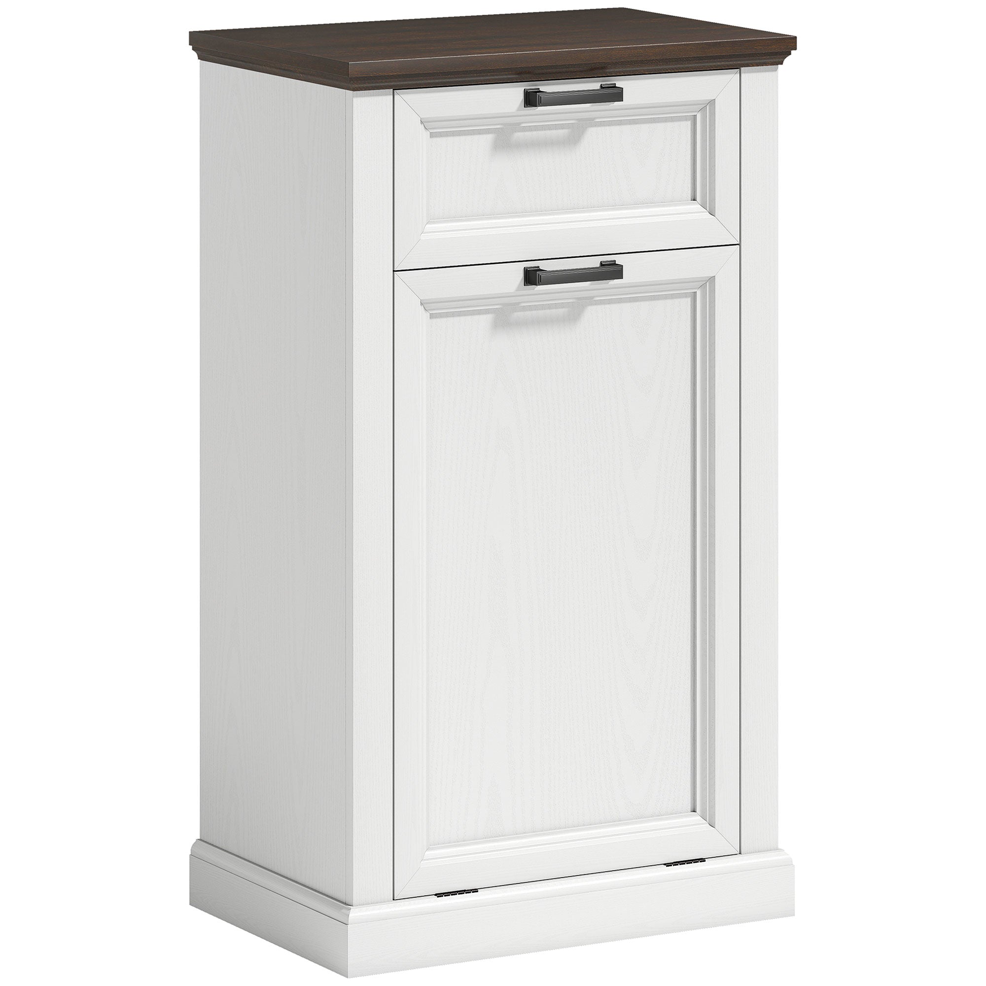 10 Gallon Trash Can Cabinet with Drawer, Farmhouse Tilt Out Garbage Cabinet Laundry Hamper, White Wood Effect