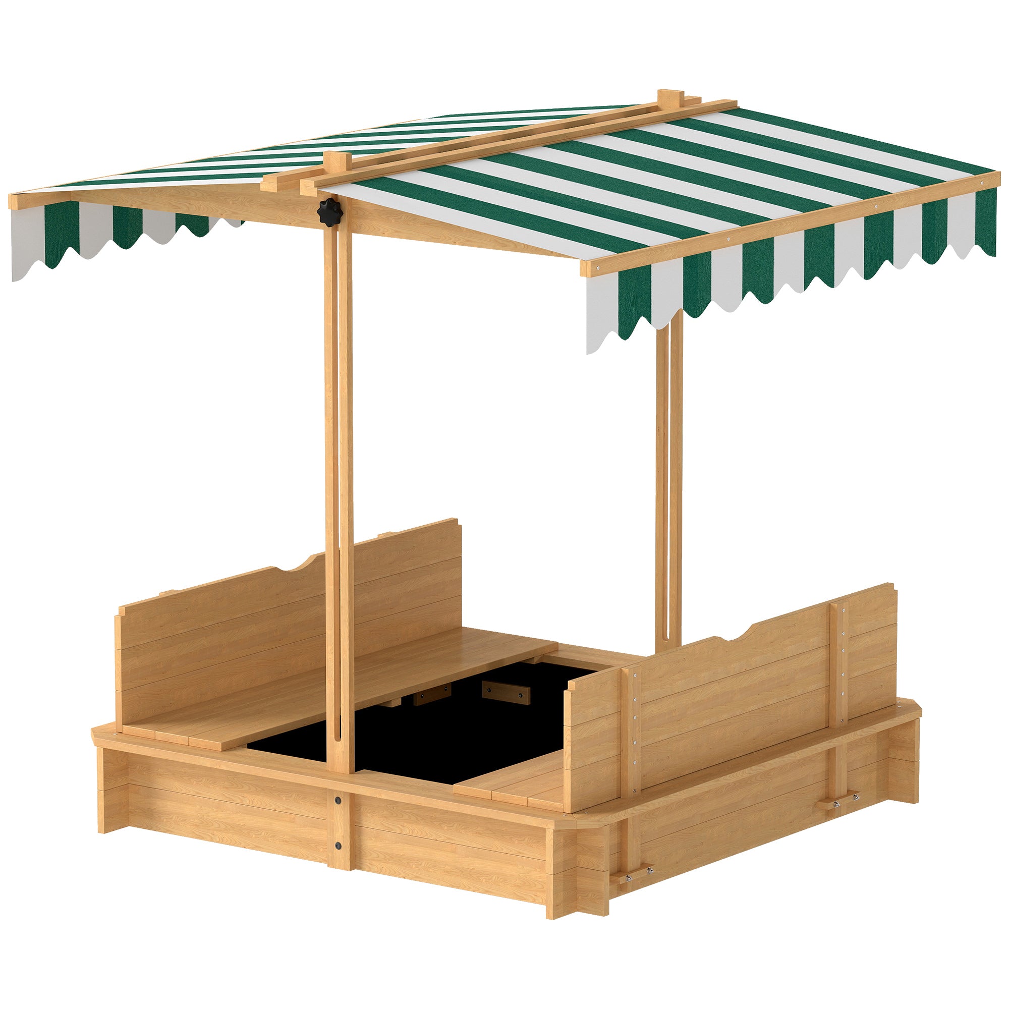 Wooden Kids Sandbox with Cover, Sand Play Station with Foldable Bench Seats and Adjustable Canopy, Light Brown