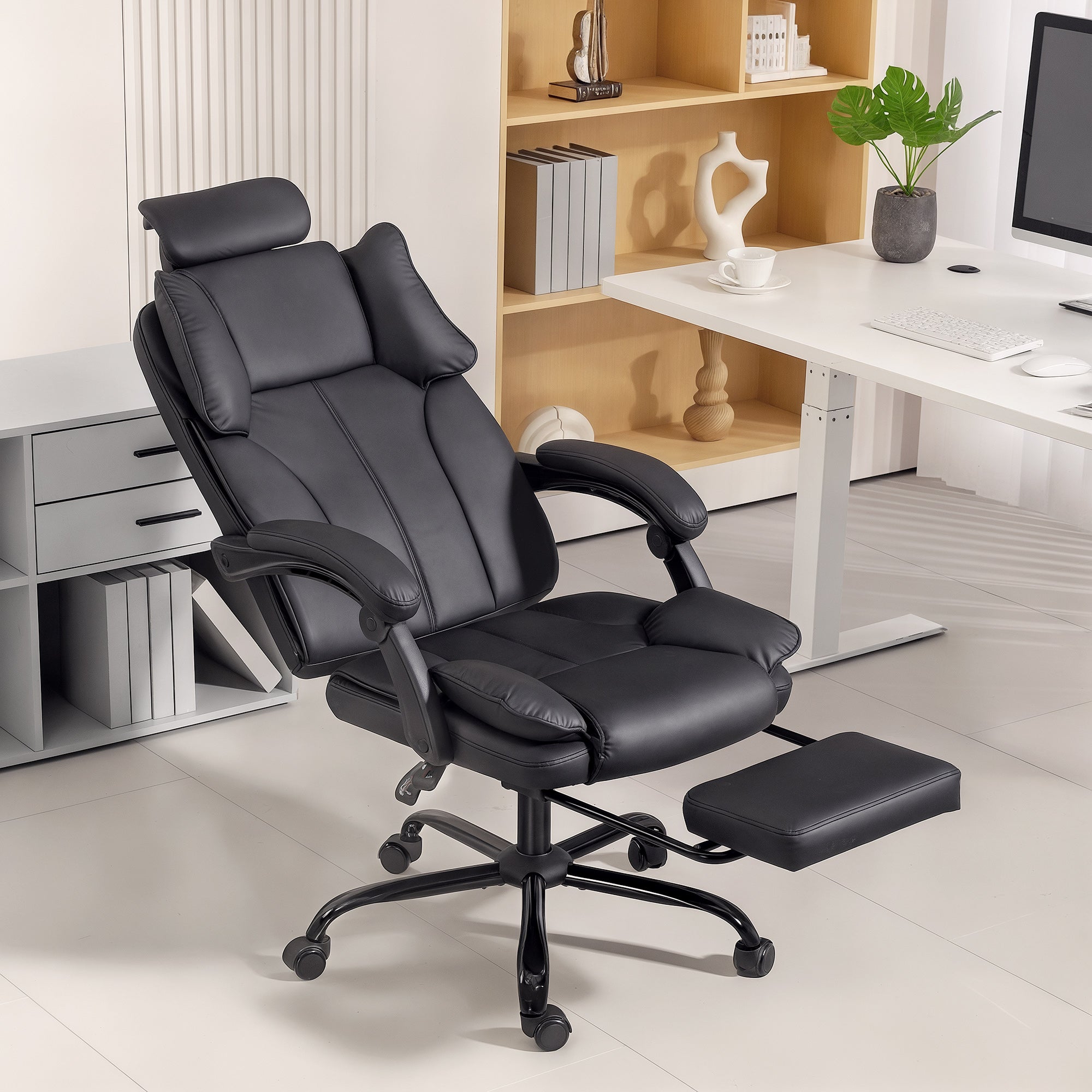 Reclining Office Chair, Executive Desk Chair with Pet-Friendly Fabric, Headrest, Footrest, Swivel Wheels, Black