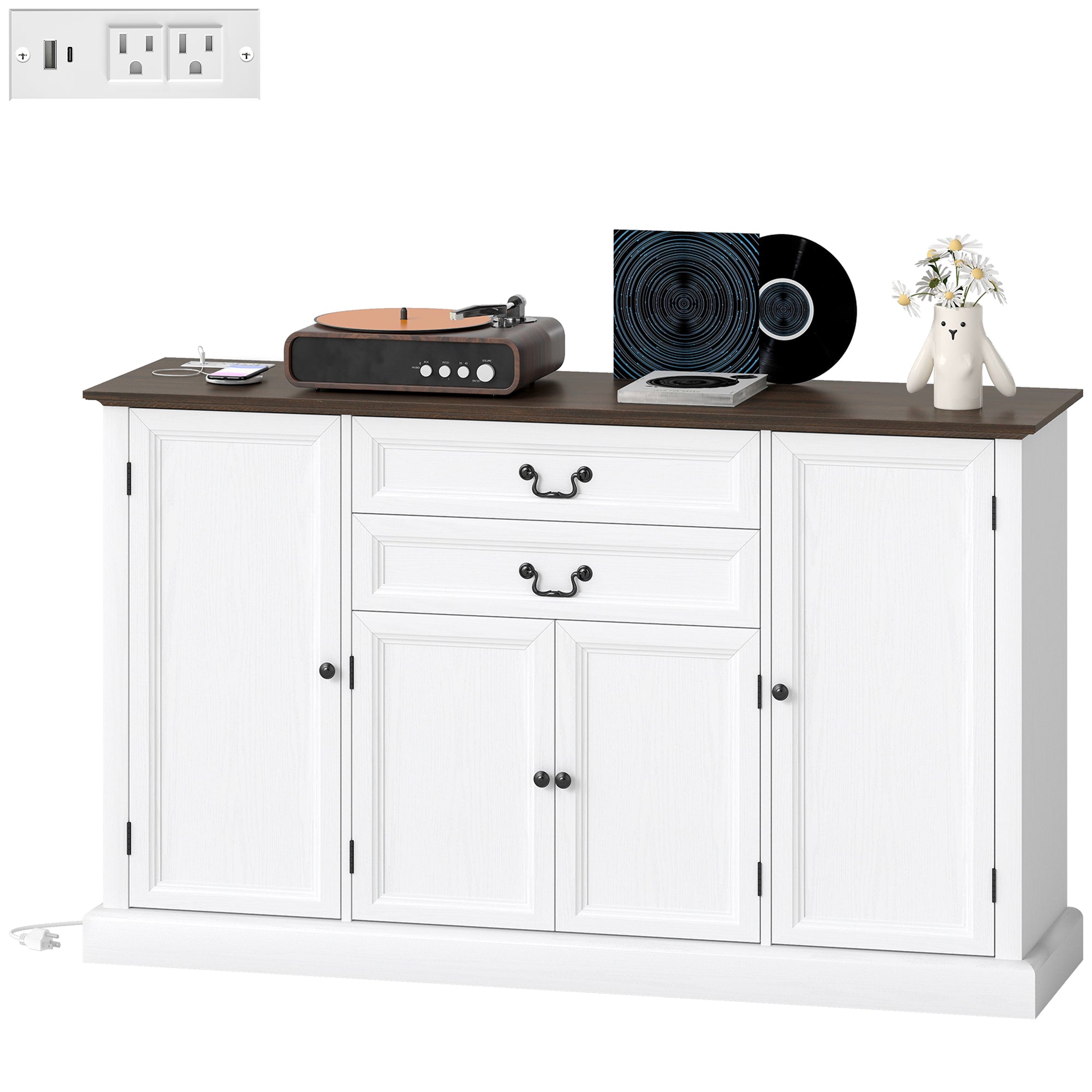 Farmhouse Sideboard with Charging Station and Thickened Top, 58" Buffet Cabinet with 2 Soft-Close Drawers, White