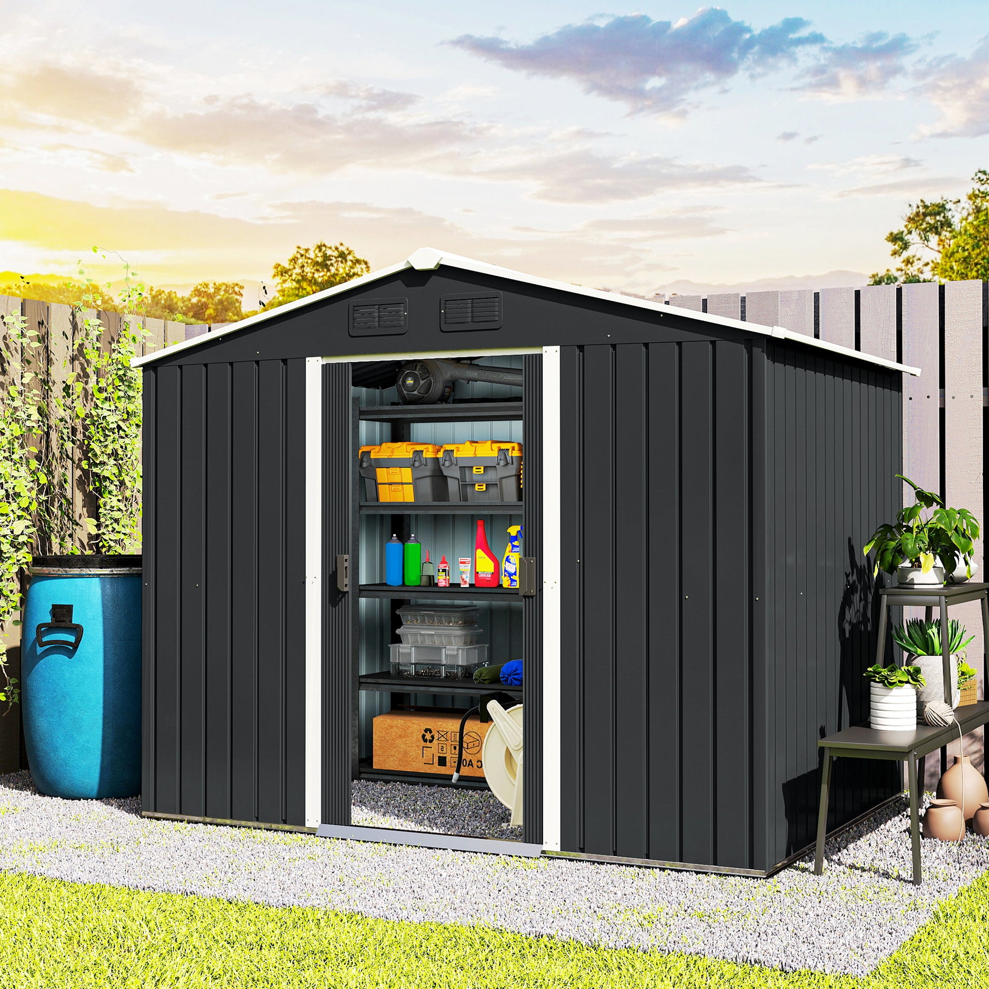 8' x 6' Outdoor Storage Shed, Metal Garden Tool Storage House with Lockable Sliding Doors and Vents for Backyard Patio Lawn, Charcoal Grey