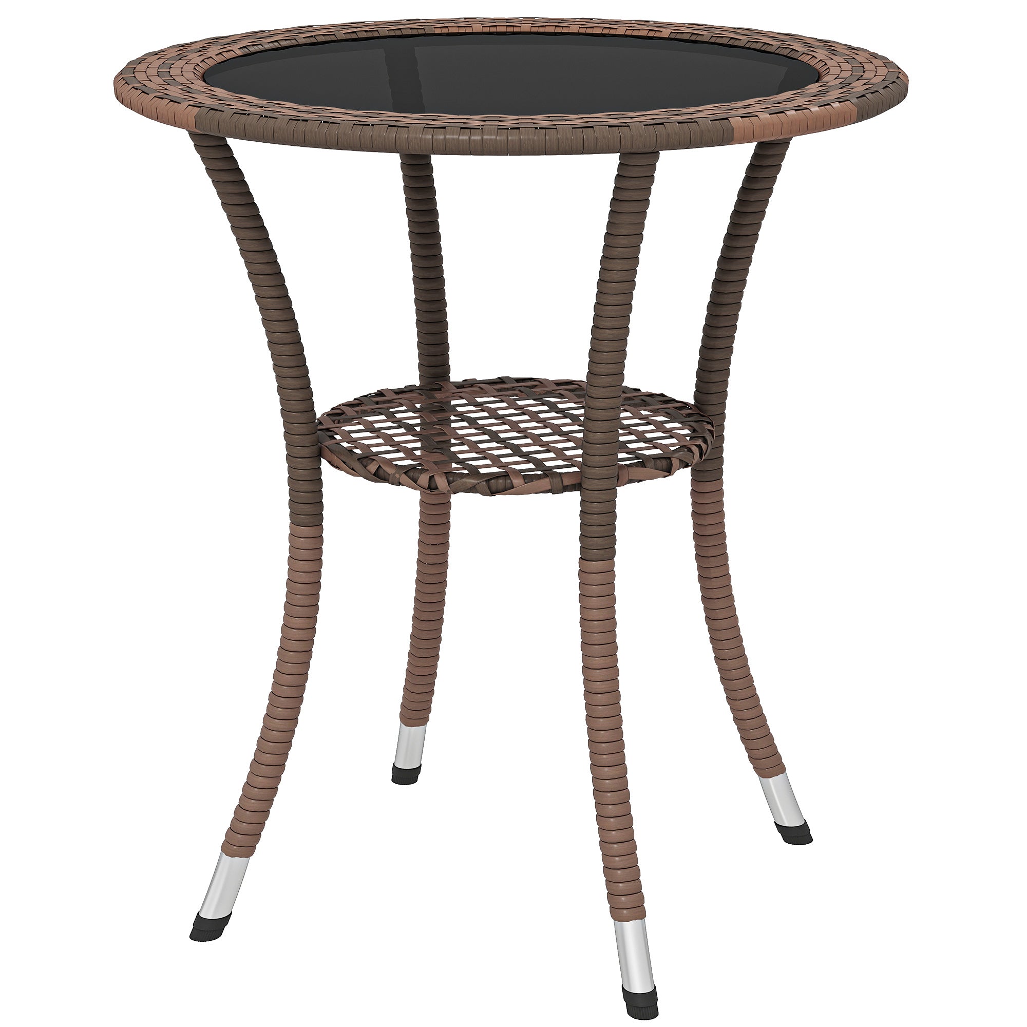 Outdoor Rattan Dining Table, Patio Wicker Round Coffee Table with 2-Tier Storage Shelf, Brown