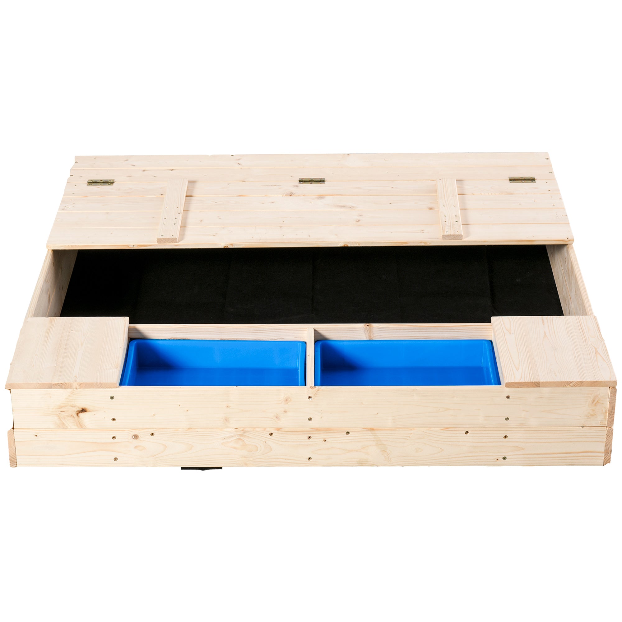 Wooden Kids Sandbox with Foldable Bench Seat, 2 Plastic Boxes, Bottom Liner, Storage Space for Garden, Backyard