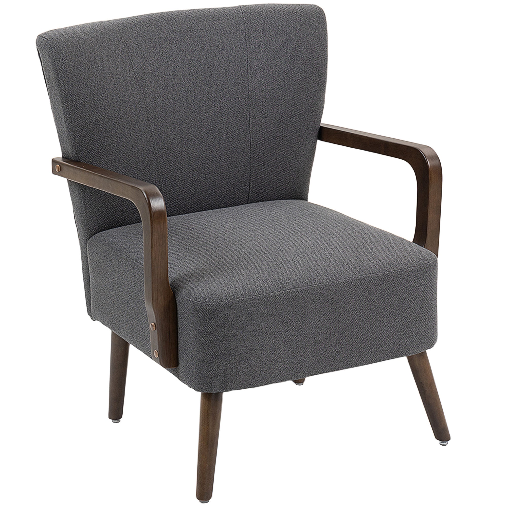 Accent Chair with Wooden Legs, Linen Fabric Armchair with Thick Padding, Comfy Chair for Living Room, Dark Grey