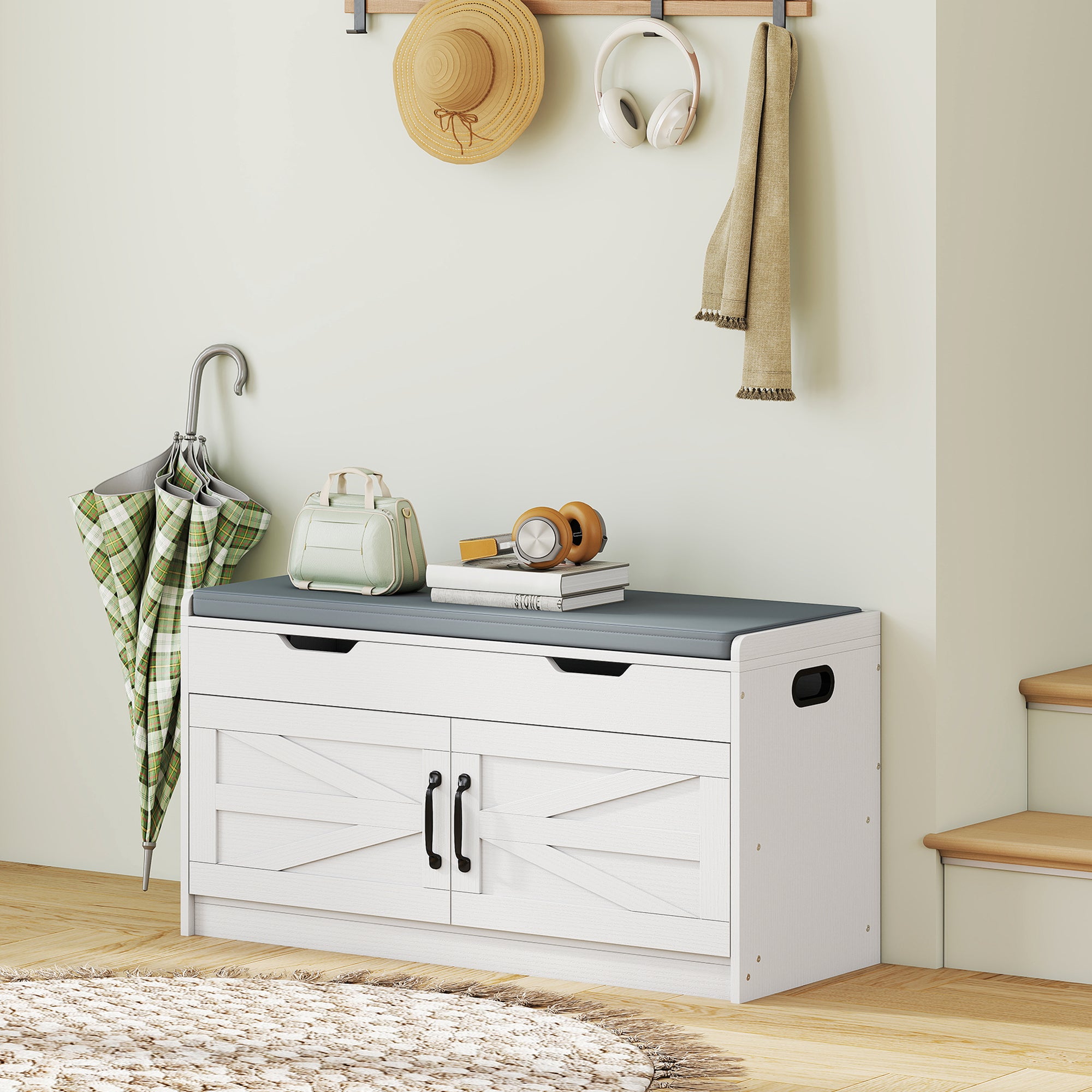 Shoe Storage Bench, Entryway Bench with 2-Tier Cabinet, Flip-Top Storage, Padded Cushion for Hallway, White