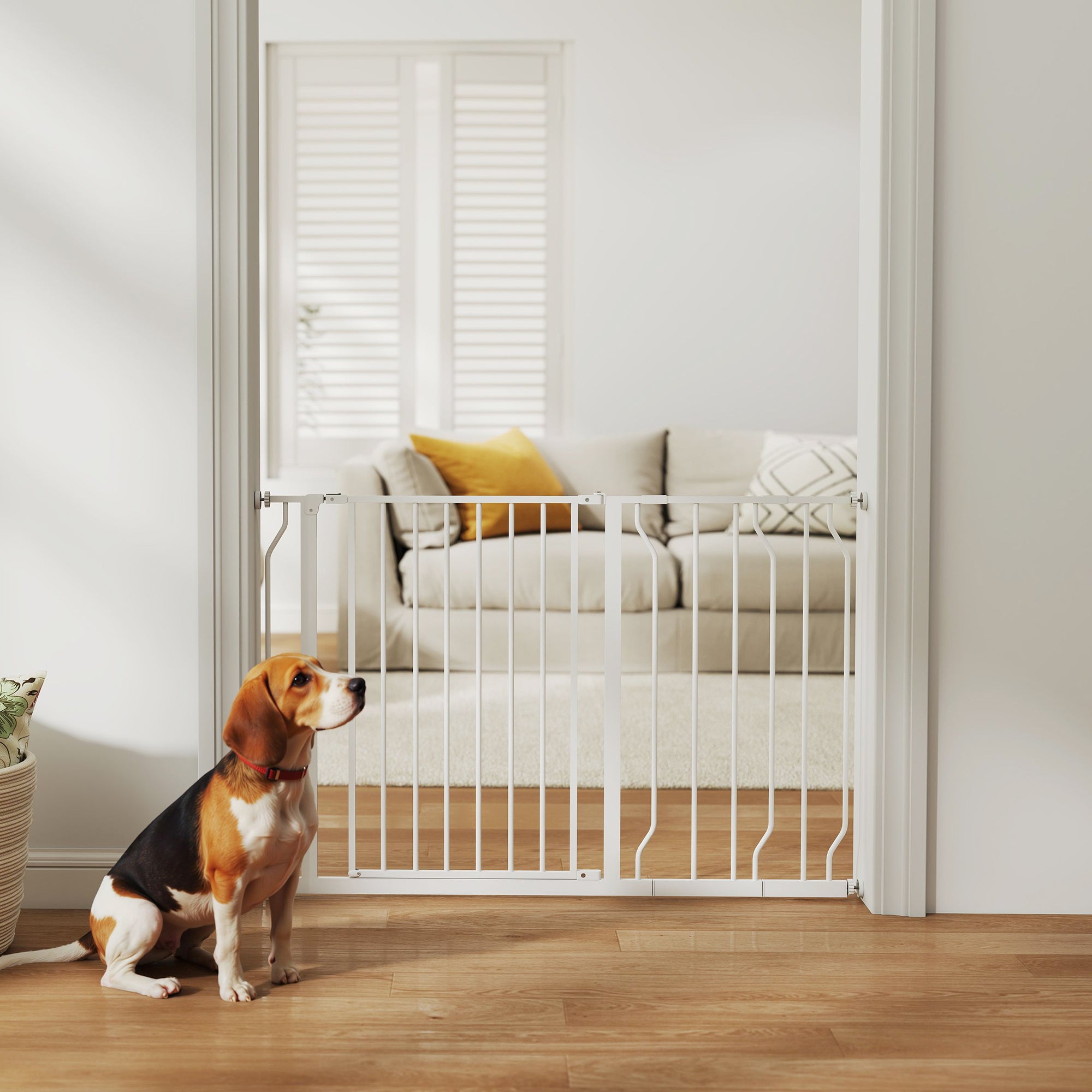 30"- 45" Easy Install Pet Gate w/ Door & Double Locking System, Extra Wide Dog Gate for Stairs, Hallways, White
