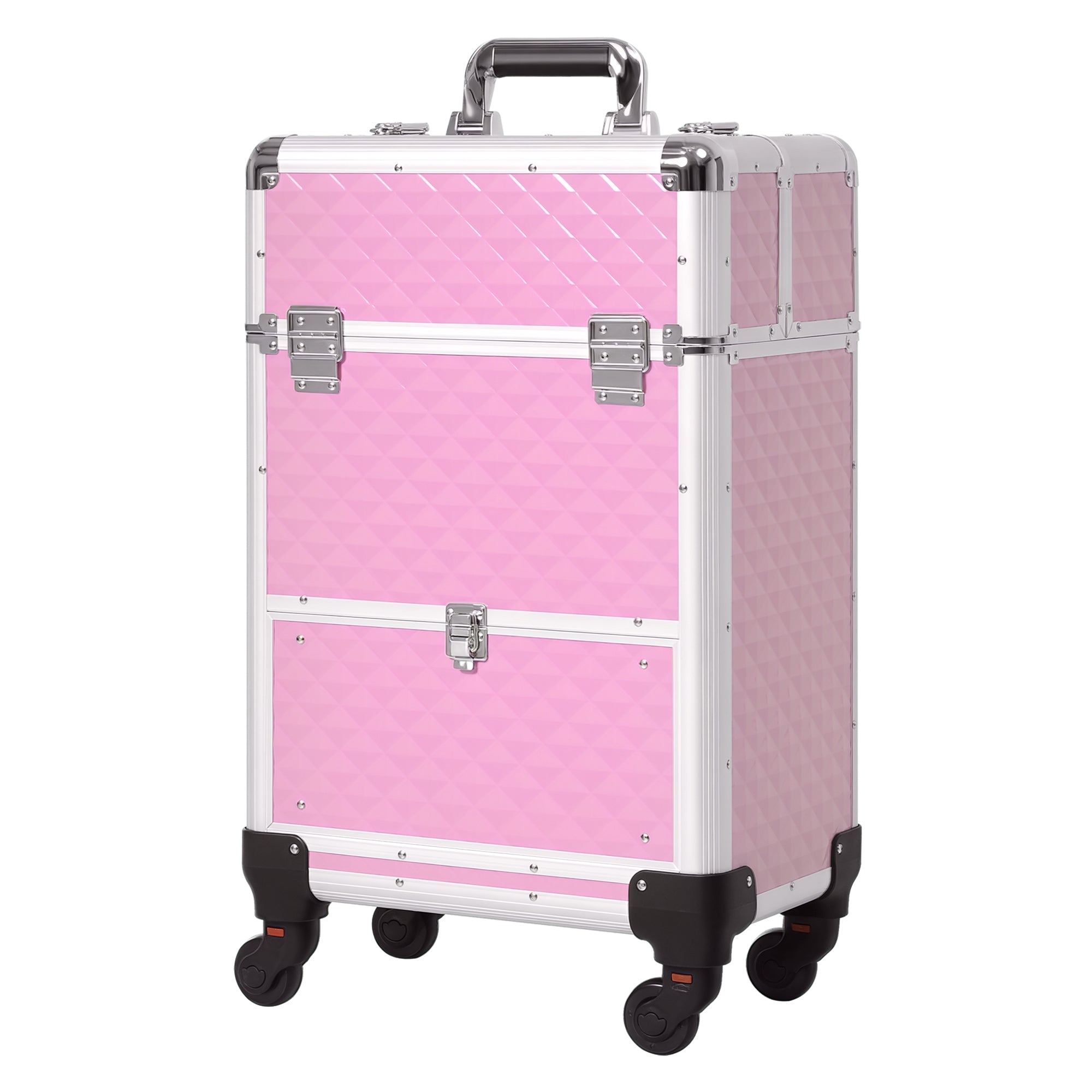 Portable Aluminum Makeup Train Cases, Rolling Makeup Case, Salon Beauty Cosmetic Jewelry Organizer Trolley with 4 Wheels, Pink