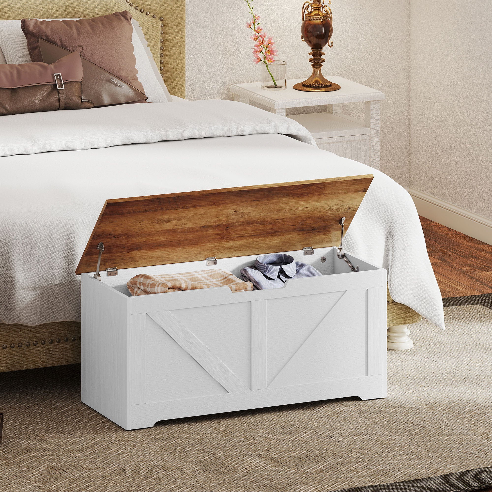 39.4 Inches Storage Chest, Storage Trunk with 2 Safety Hinges for Living Room, Brown and White Wood Grain
