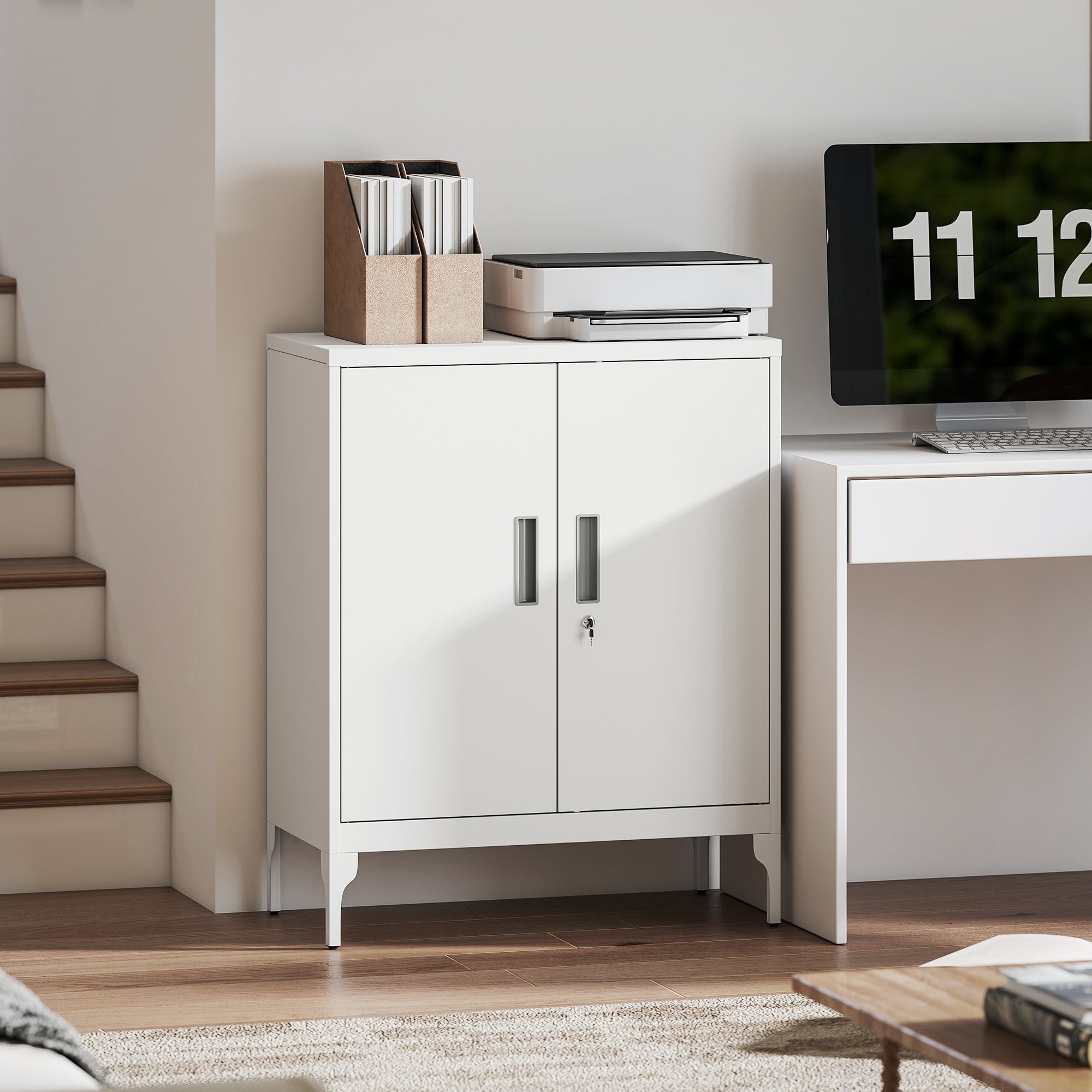 Office Storage Cabinet with Lock, Filing Cabinet with Adjustable Shelves and Doors for Home Office, Garage, White