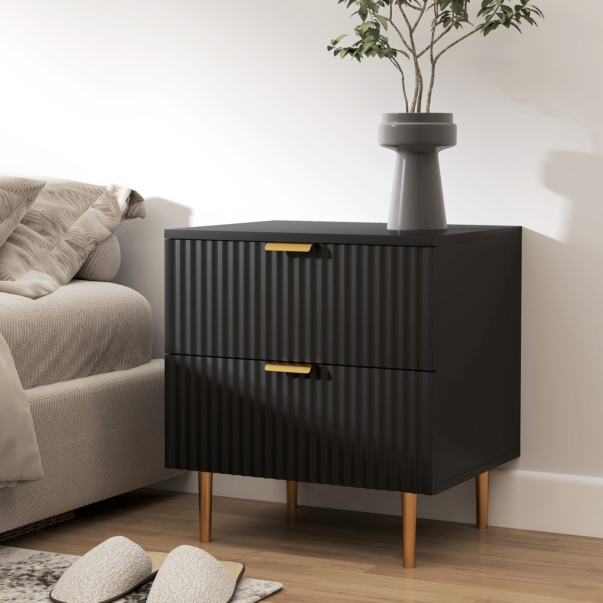 Bedside Table, Modern Nightstand with 2 Drawers, Side End Table with Metal Legs for Living Room, Bedroom, Black