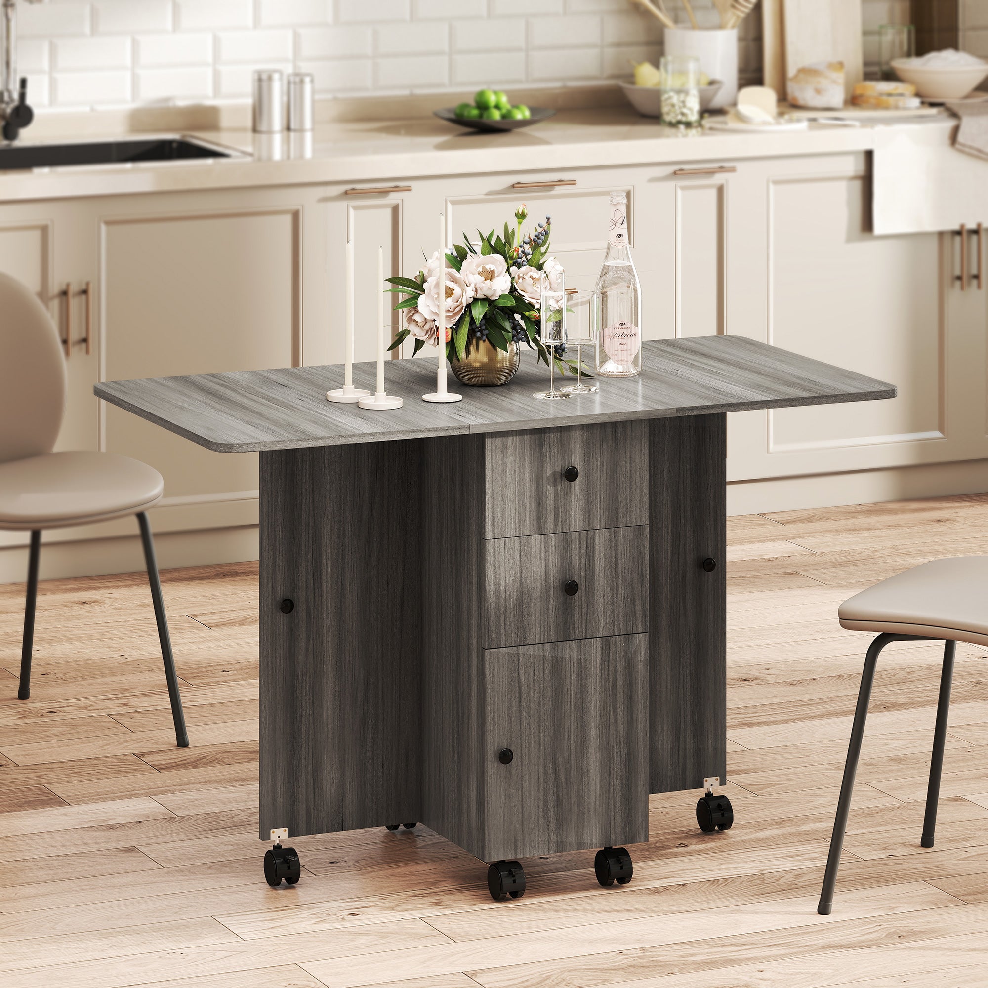 Foldable Dining Table, Rolling Kitchen Table with Storage Drawers and Cabinet, Drop Leaf Table on Wheels, Grey