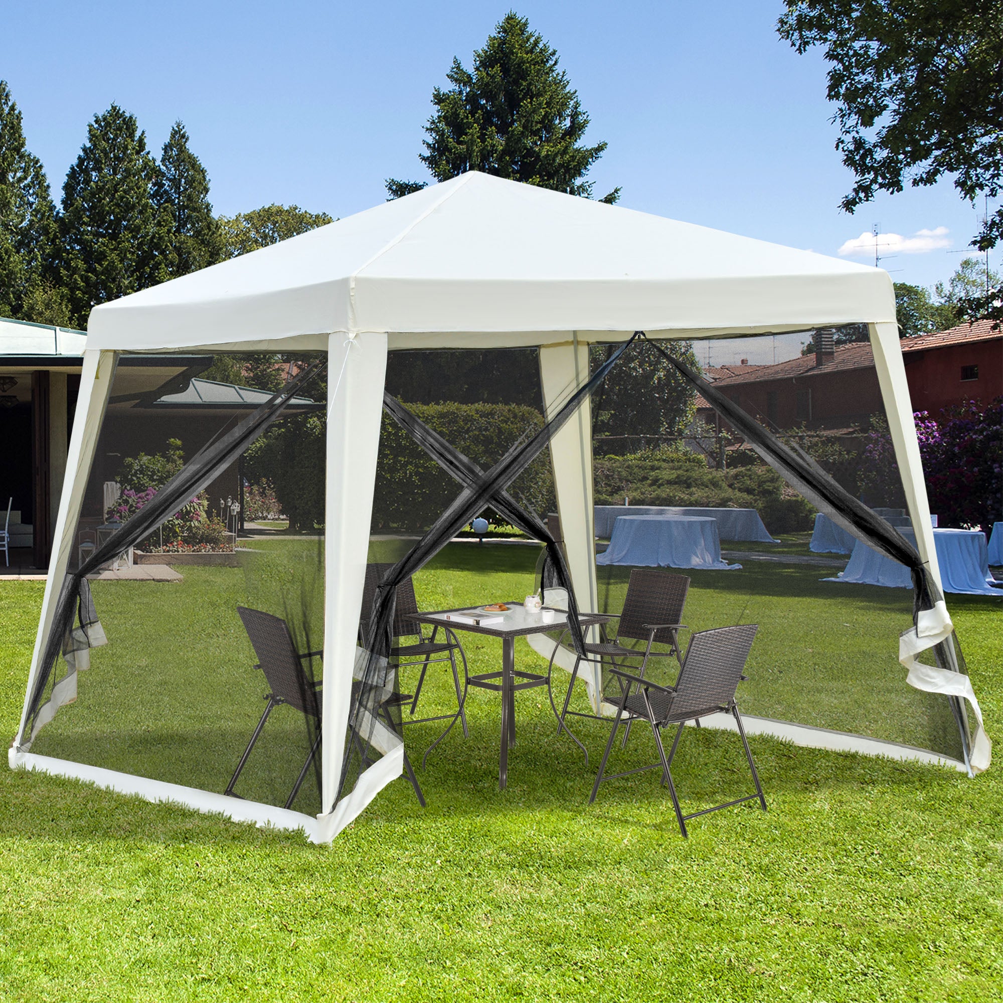 10x10ft Party Tent Canopy with Netting, Patio Screen House Slant Leg Outdoor Gazebo Sun Shade Shelter, Beige