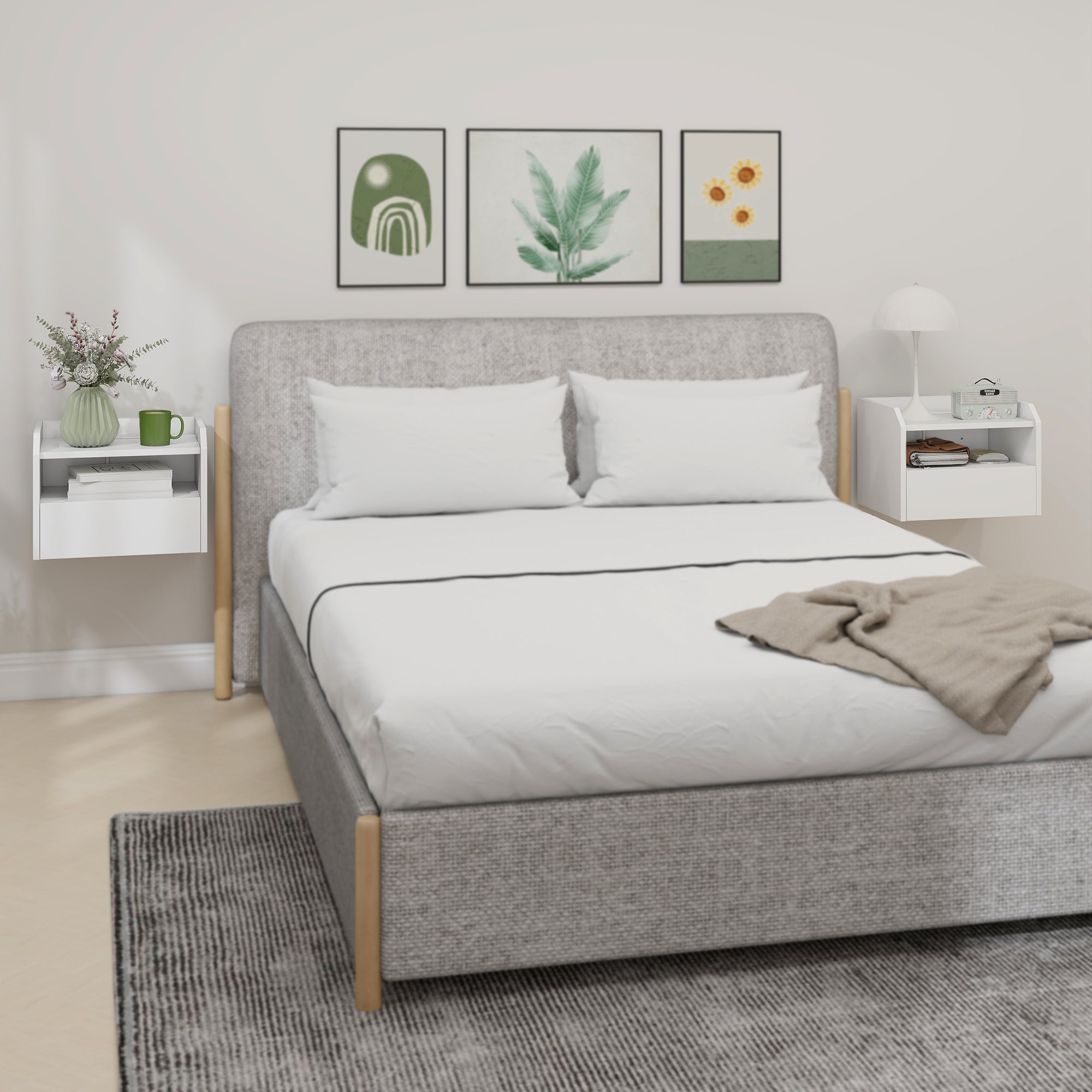 Wall Mounted Bedside Table, Set of 2 Floating Nightstand with Charging Station, Drawer and Open Shelf for Bedroom, White